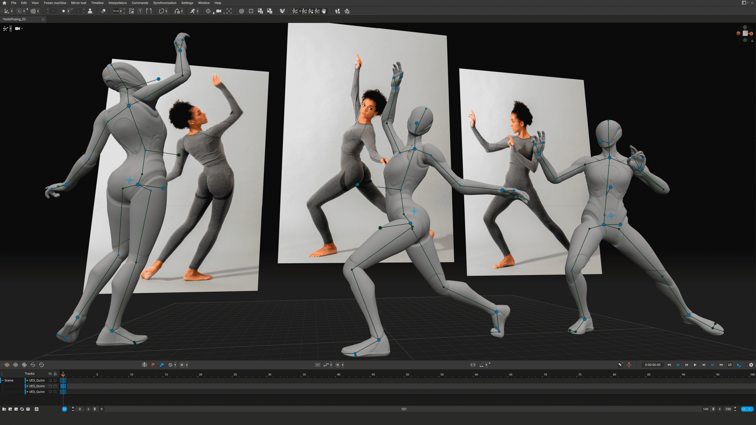 a digital art scene displaying four stylized humanoid figures in motion posed dynamically around images of a woman dancing in a gray outfit the figures are in varying stances showcasing movement with a dark background and grid floor digital production A digital art scene displaying four stylized humanoid figures in motion, posed dynamically around images of a woman dancing in a gray outfit. The figures are in varying stances, showcasing movement, with a dark background and grid floor.