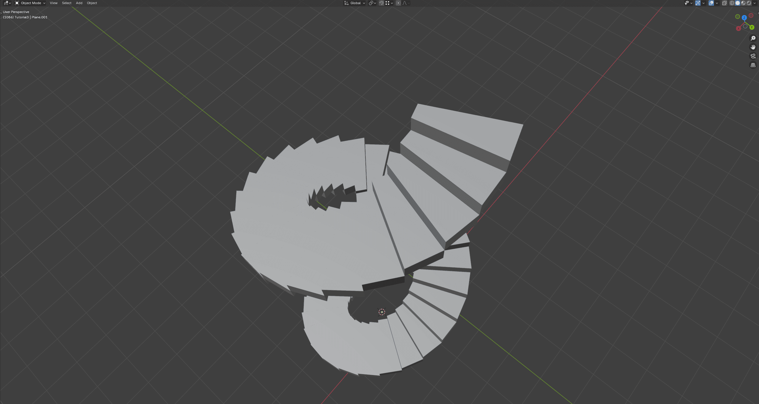 a 3d model of a spiral staircase with wide flat steps arranged in a circular pattern against a dark grid background showcasing a modern design with an intricate twisting form digital production A 3D model of a spiral staircase with wide, flat steps arranged in a circular pattern against a dark grid background, showcasing a modern design with an intricate, twisting form.