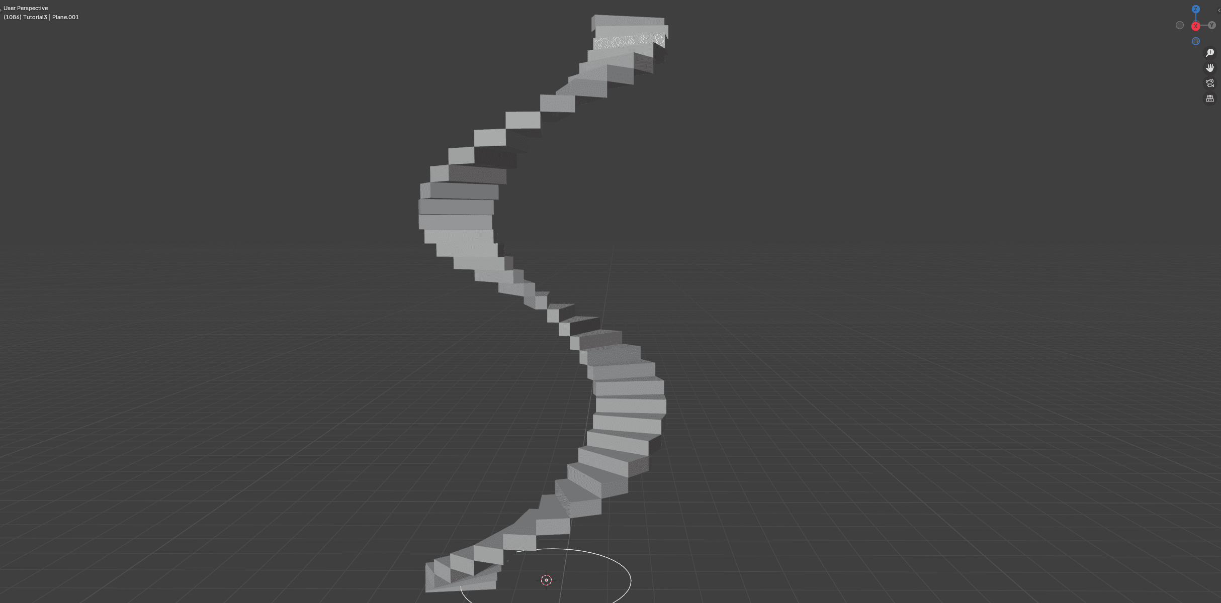 a 3d model of a twisting staircase made of rectangular steps ascending in a spiral fashion against a dark gray background with a grid pattern digital production A 3D model of a twisting staircase made of rectangular steps, ascending in a spiral fashion against a dark gray background with a grid pattern.