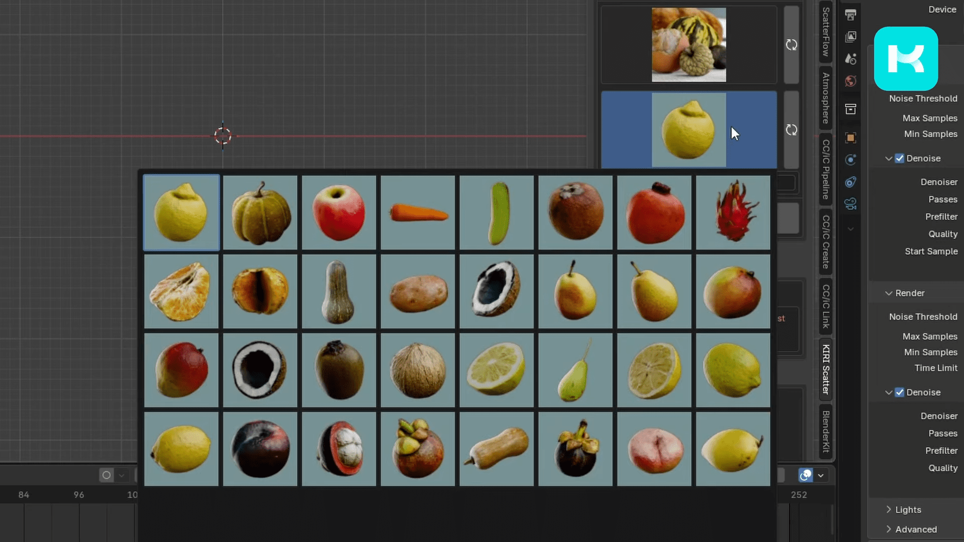 a grid of various fruits and vegetables displayed in a digital art software interface with a sidebar showing rendering settings items include lemons apples and other colorful produce arranged in a neat format digital production A grid of various fruits and vegetables displayed in a digital art software interface, with a sidebar showing rendering settings. Items include lemons, apples, and other colorful produce, arranged in a neat format.