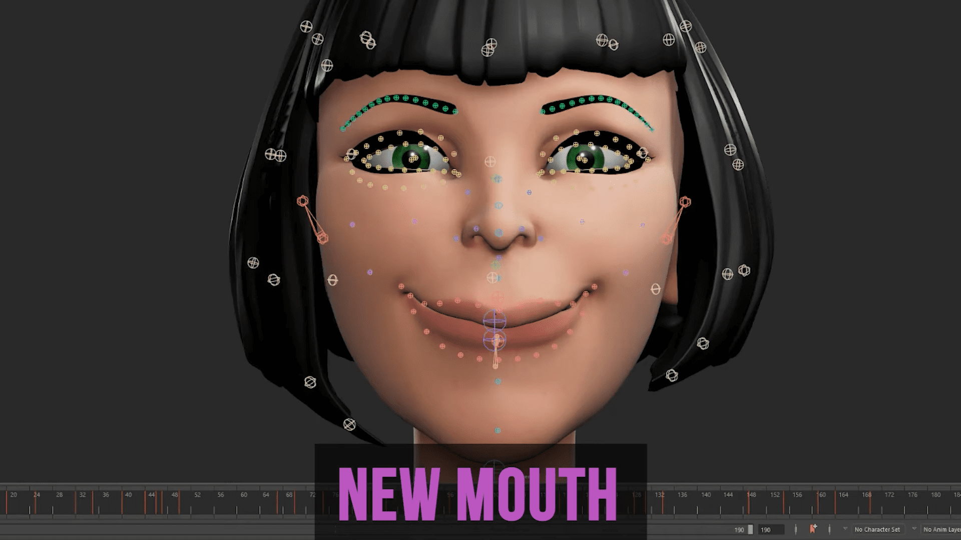 a stylized 3d character model with a bob haircut displaying a new mouth feature the model has expressive green eyes and various facial control points visible text at the bottom reads new mouth in bold pink letters digital production A stylized 3D character model with a bob haircut, displaying a new mouth feature. The model has expressive green eyes and various facial control points visible. Text at the bottom reads 'NEW MOUTH' in bold, pink letters.
