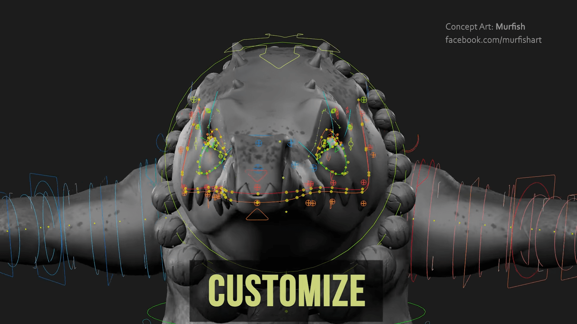 a stylized 3d creature design featuring intricate details and contours surrounding the creature are colorful geometric patterns and shapes with a bold customize text at the bottom the background is dark emphasizing the creatures features digital production A stylized 3D creature design featuring intricate details and contours. Surrounding the creature are colorful geometric patterns and shapes, with a bold 'CUSTOMIZE' text at the bottom. The background is dark, emphasizing the creature's features.