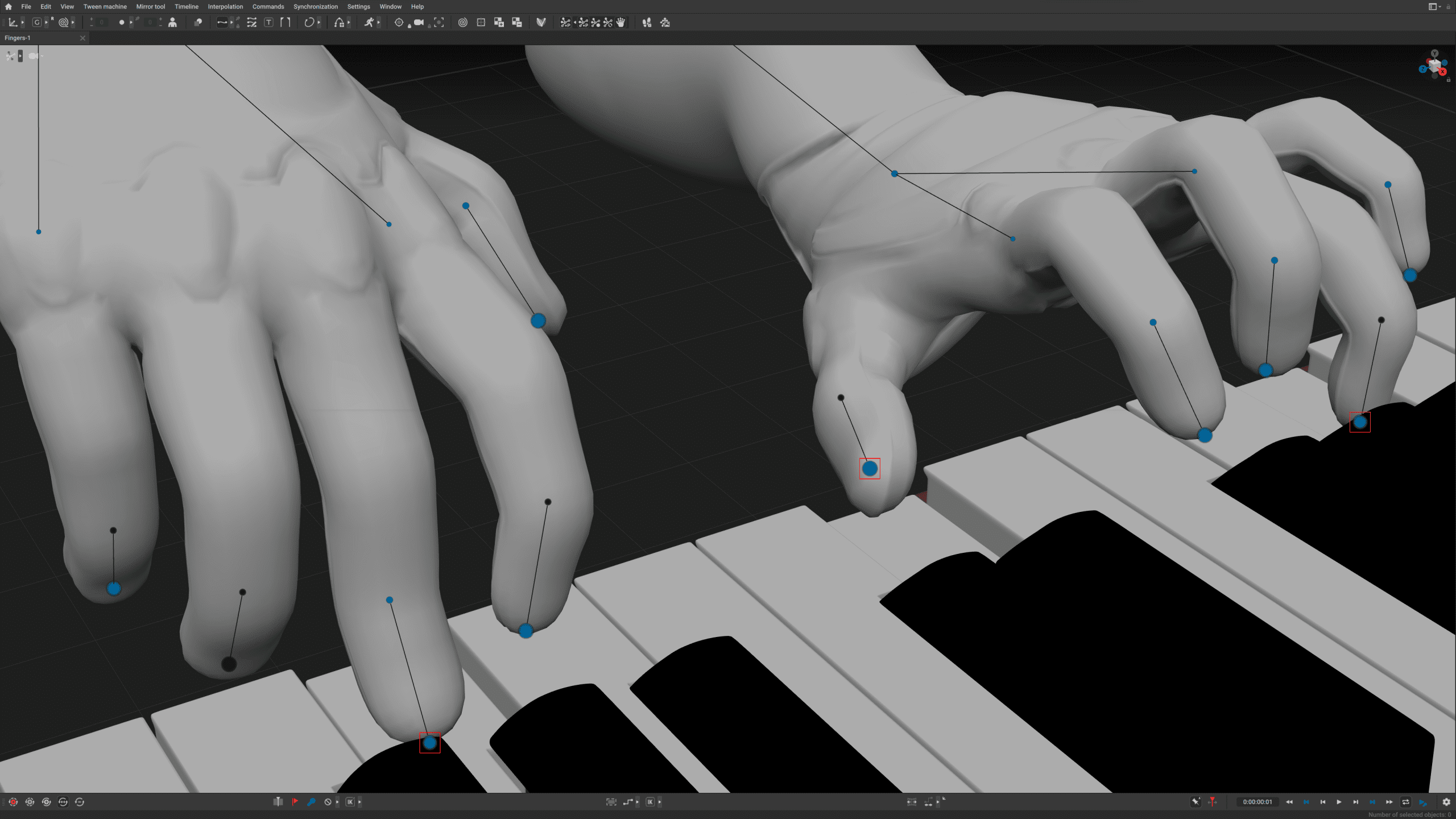 closeup view of two sculpted human hands positioned over the keys of a piano showcasing detailed fingers and knuckles with digital markers visible on the hands the piano keys are mostly black and white creating a striking contrast digital production Close-up view of two sculpted human hands positioned over the keys of a piano, showcasing detailed fingers and knuckles, with digital markers visible on the hands. The piano keys are mostly black and white, creating a striking contrast.