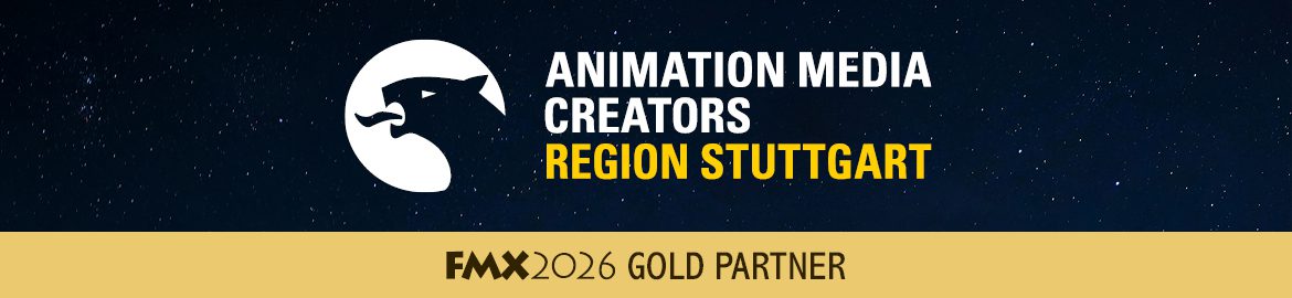 logo featuring a stylized lions head alongside the text animation media creators region stuttgart and fmx 2026 gold partner in a modern design over a dark starry background digital production Logo featuring a stylized lion's head alongside the text 'ANIMATION MEDIA CREATORS REGION STUTTGART' and 'FMX 2026 GOLD PARTNER' in a modern design over a dark starry background.