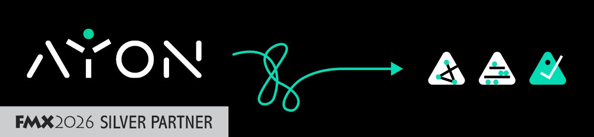 a graphic featuring the brand name ayon with a stylized knot symbol and an arrow pointing to three triangular icons alongside a caption that reads fmx 2026 silver partner at the bottom digital production A graphic featuring the brand name 'AYON' with a stylized knot symbol and an arrow pointing to three triangular icons, alongside a caption that reads 'FMX 2026 Silver Partner' at the bottom.