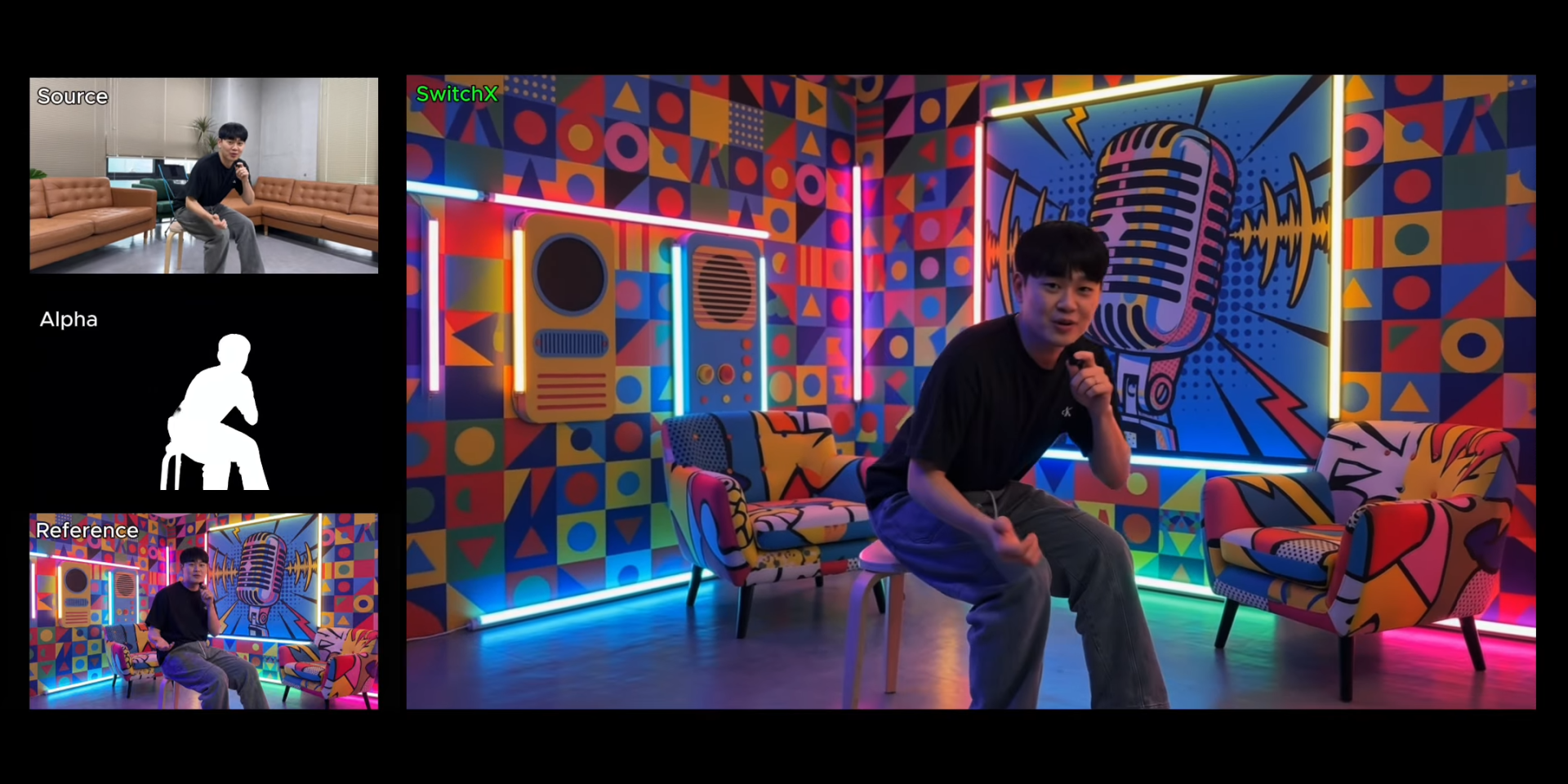 a young man sitting on a chair in a vibrant colorful studio with graffitistyle artwork he holds a microphone and looks engaged while two smaller images show different views or scenes in contrast to the main scene digital production A young man sitting on a chair in a vibrant, colorful studio with graffiti-style artwork. He holds a microphone and looks engaged, while two smaller images show different views or scenes in contrast to the main scene.