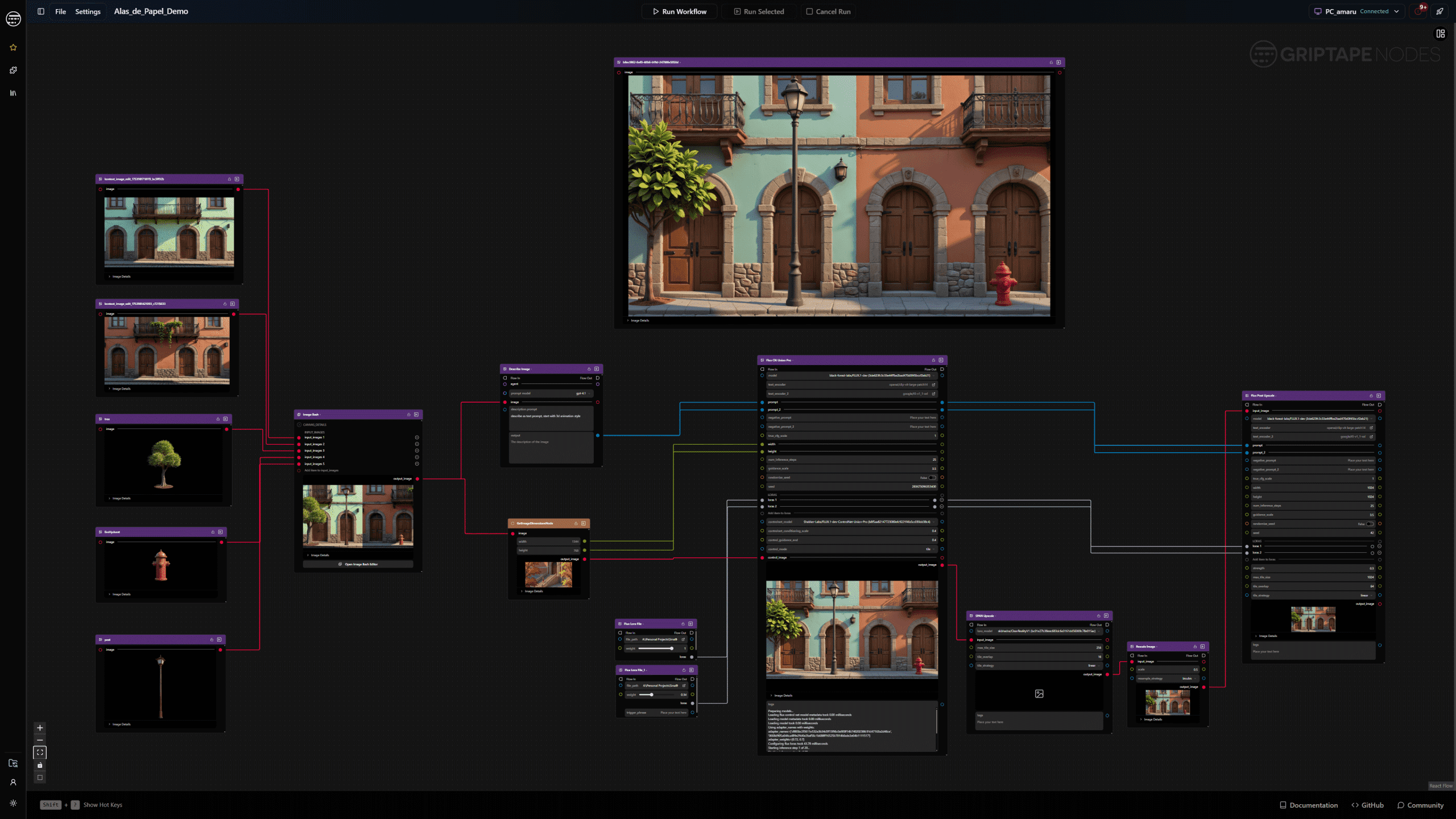 a digital workspace displaying a complex visual graph with nodes and connections the main focus is a detailed illustration of a colorful building exterior various elements on the left indicate different visual assets while the right displays settings and adjustments digital production A digital workspace displaying a complex visual graph with nodes and connections. The main focus is a detailed illustration of a colorful building exterior. Various elements on the left indicate different visual assets, while the right displays settings and adjustments.