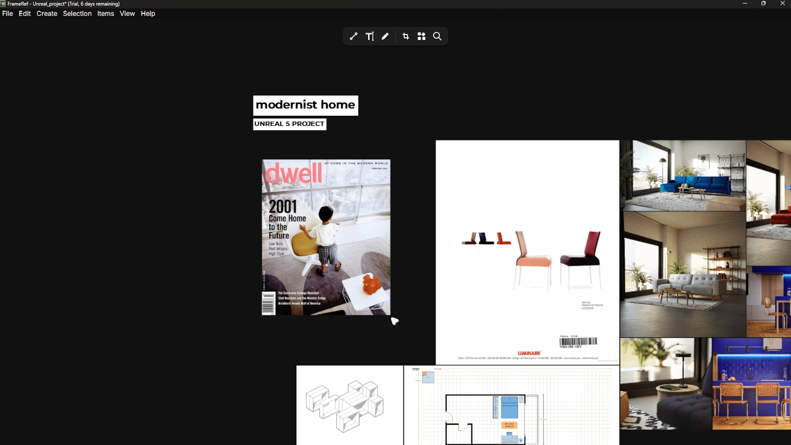 a digital collage featuring a magazine cover titled dwell showcasing a child playing in a modern home surrounding images display modern interior designs colorful chairs and architectural sketches on a black background digital production A digital collage featuring a magazine cover titled 'Dwell' showcasing a child playing in a modern home. Surrounding images display modern interior designs, colorful chairs, and architectural sketches on a black background.