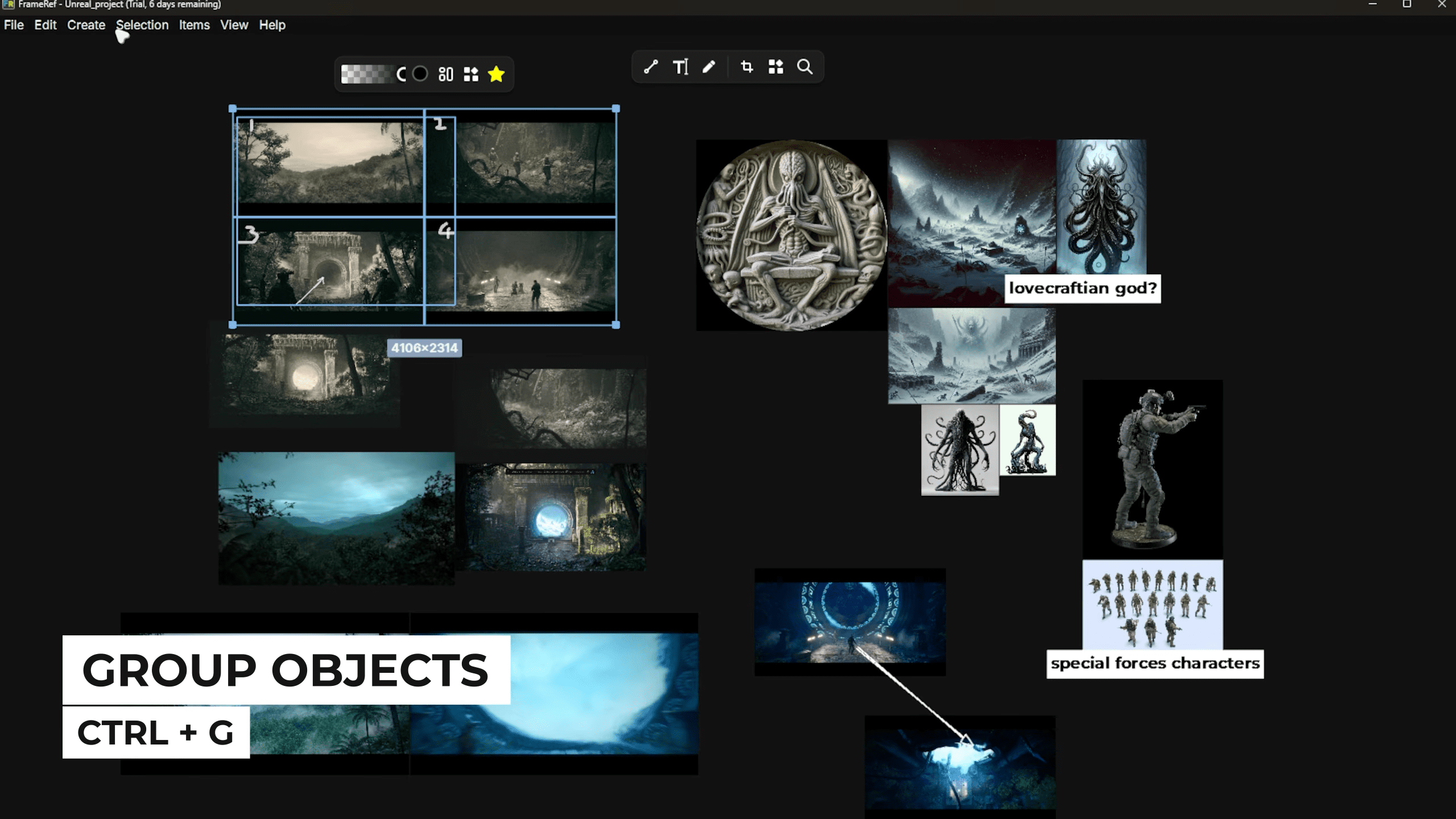 a digital workspace displaying a collage of images and sketches the top section features framed artwork with various dark atmospheric scenes to the right illustrations of lovecraftian creatures and special forces characters are arranged text on the bottom reads group objects with a keyboard shortcut indicated digital production A digital workspace displaying a collage of images and sketches. The top section features framed artwork with various dark, atmospheric scenes. To the right, illustrations of Lovecraftian creatures and special forces characters are arranged. Text on the bottom reads 'GROUP OBJECTS' with a keyboard shortcut indicated.