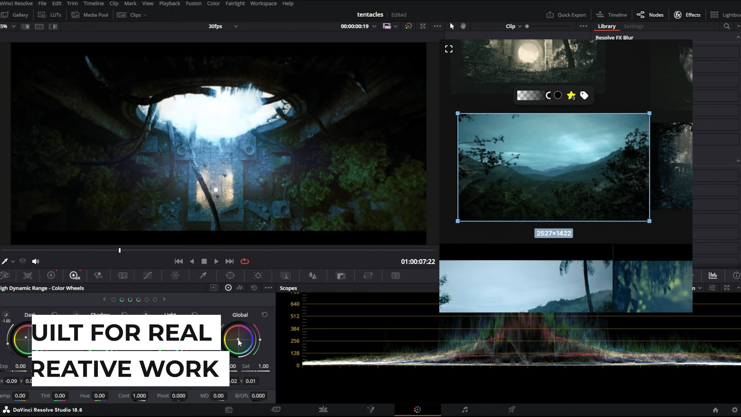 an editing software interface displaying a dark atmospheric landscape featuring a bright opening at the top surrounded by trees the bottom section shows a colorful waveform and a caption reads built for real creative work digital production An editing software interface displaying a dark, atmospheric landscape featuring a bright opening at the top, surrounded by trees. The bottom section shows a colorful waveform, and a caption reads 'BUILT FOR REAL CREATIVE WORK'.