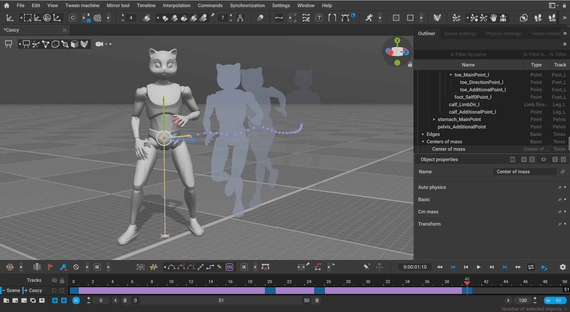 a 3d animation software interface displaying a humanoid character model with a catlike head the character is centerstage with a grid background and two ghosted silhouettes of the same model in motion are visible to the right digital production A 3D animation software interface displaying a humanoid character model with a cat-like head. The character is center-stage with a grid background, and two ghosted silhouettes of the same model in motion are visible to the right.