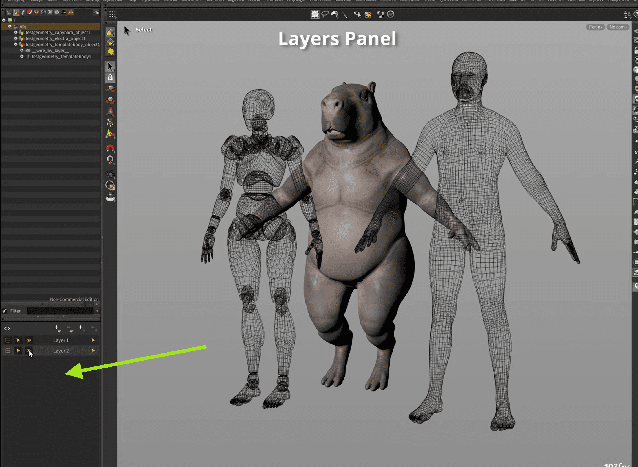 three 3d models displayed in a software environment the left model is a skeletal figure the middle is a stylized humanoid creature resembling a hippo and the right model is a detailed human figure all showcased against a neutral backdrop a layers panel is visible on the left with one selected layer indicated digital production Three 3D models displayed in a software environment. The left model is a skeletal figure, the middle is a stylized humanoid creature resembling a hippo, and the right model is a detailed human figure, all showcased against a neutral backdrop. A layers panel is visible on the left, with one selected layer indicated.