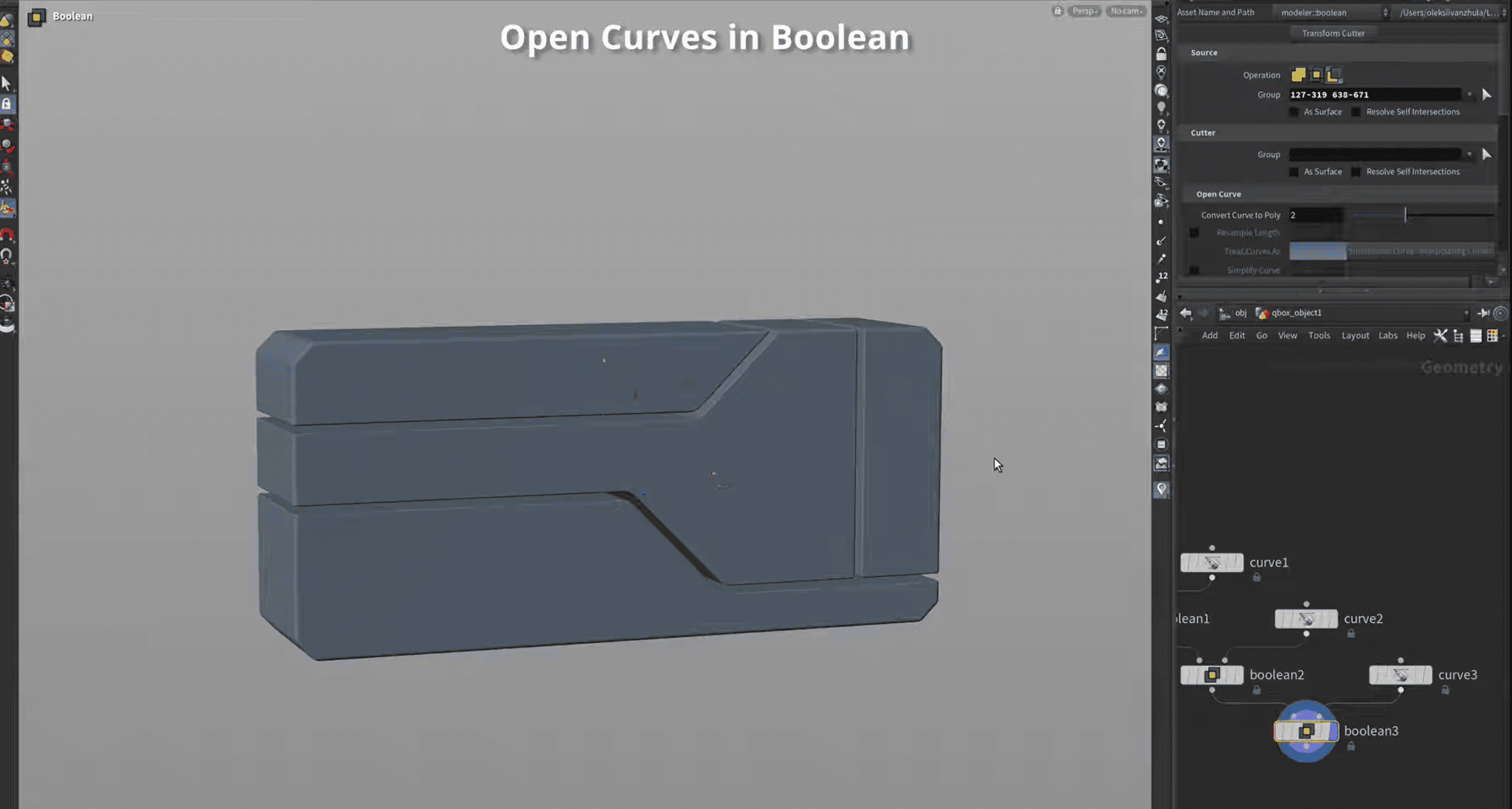 a 3d model displaying a simplistic blue geometric shape on a gray background the model features varying depths and angles with a highlighted section demonstrating curves through a boolean operation on the right various design controls are visible in a software interface digital production A 3D model displaying a simplistic blue geometric shape on a gray background. The model features varying depths and angles, with a highlighted section demonstrating curves through a boolean operation. On the right, various design controls are visible in a software interface.
