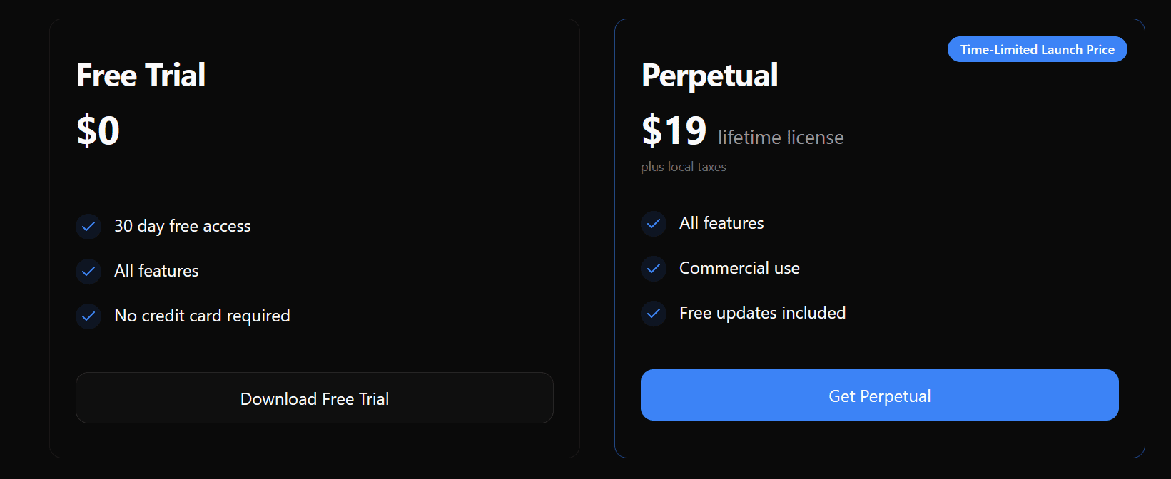 a comparison of two subscription options on a dark background the left side shows a free trial option for with a 30day duration all features and no credit card required the right side offers a perpetual license for including all features commercial use and free updates with a button to get perpetual digital production A comparison of two subscription options on a dark background. The left side shows a 'Free Trial' option for $0 with a 30-day duration, all features, and no credit card required. The right side offers a 'Perpetual' license for $19, including all features, commercial use, and free updates, with a button to 'Get Perpetual'.