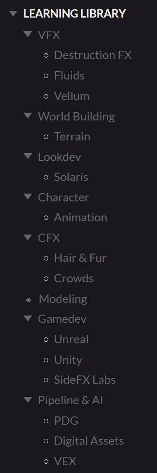 a sidebar menu labeled learning library displaying various categories and subcategories for visual effects vfx world building look development character animation crowds modeling game development with unreal and unity and pipeline and ai topics digital production A sidebar menu labeled 'LEARNING LIBRARY' displaying various categories and subcategories for visual effects (VFX), world building, look development, character animation, crowds, modeling, game development with Unreal and Unity, and pipeline and AI topics.
