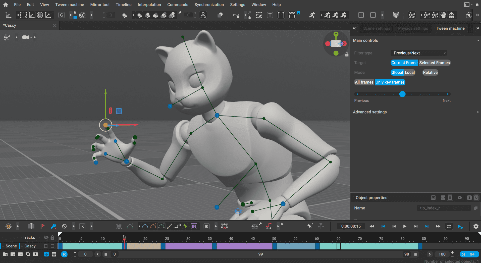 a 3d animation workspace showcasing a character model resembling a humanoid cat with joints and controls visible the interface includes various settings timelines and 3d view options displaying a grey background digital production A 3D animation workspace showcasing a character model resembling a humanoid cat with joints and controls visible. The interface includes various settings, timelines, and 3D view options, displaying a grey background.