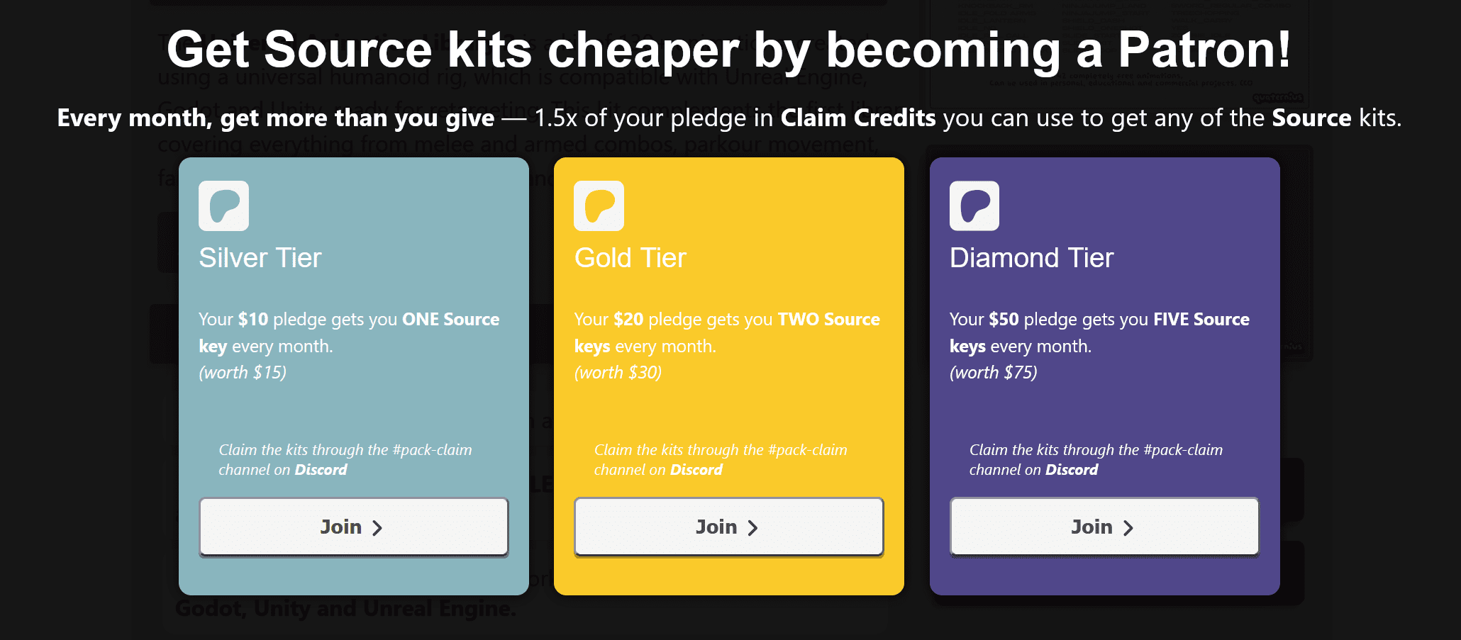 a promotional graphic showcasing three membership tiers for a patreon program the silver tier offers one source key for gold tier offers two for and diamond tier offers five for with corresponding claim procedures noted digital production A promotional graphic showcasing three membership tiers for a Patreon program. The Silver Tier offers one Source key for , Gold Tier offers two for , and Diamond Tier offers five for , with corresponding claim procedures noted.