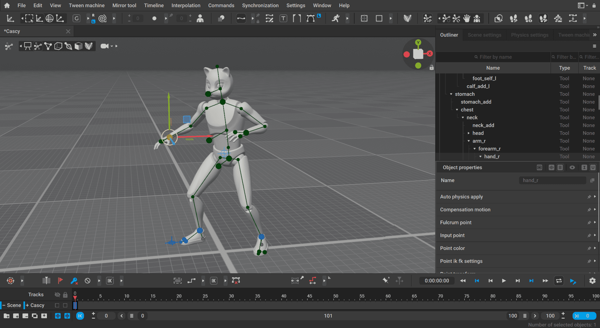 a 3d animation software interface displaying a humanoid model with a skeletal rig the model is posed in a dynamic stance on a grid background the right panel shows an outline of the models structure and properties digital production A 3D animation software interface displaying a humanoid model with a skeletal rig. The model is posed in a dynamic stance on a grid background. The right panel shows an outline of the model's structure and properties.