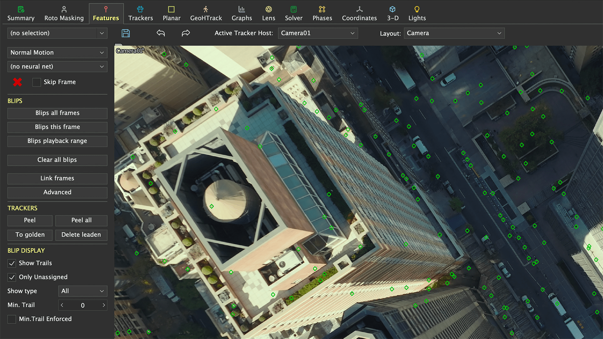 an aerial view of a tall urban building showcasing its angular architecture various green dots represent points of interest or tracking data across the scene with a dark user interface overlay displaying navigation and feature options digital production An aerial view of a tall urban building, showcasing its angular architecture. Various green dots represent points of interest or tracking data across the scene, with a dark user interface overlay displaying navigation and feature options.
