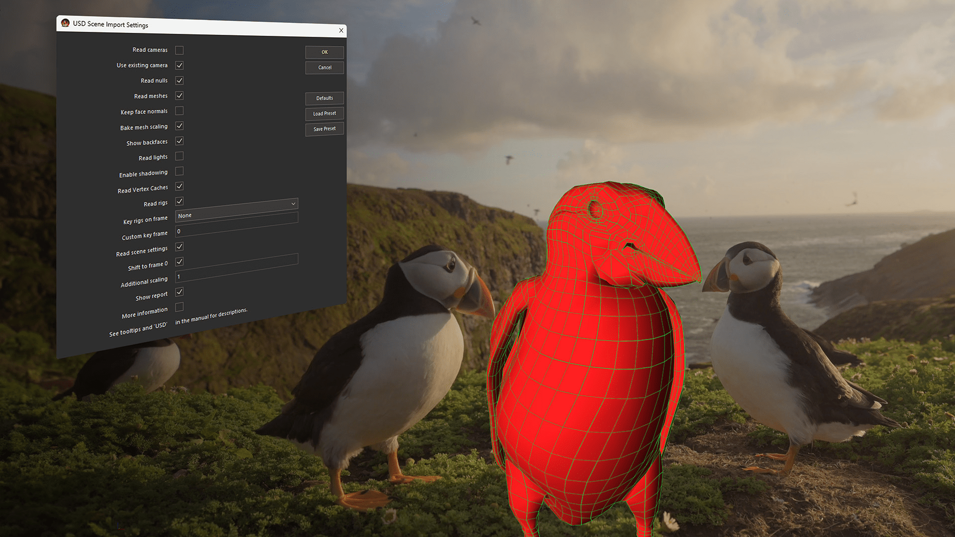 three puffins standing on green grass near a rocky coastline with two puffins in natural coloring and one puffin represented in a red wireframe model a settings menu on the left outlines customization options digital production Three puffins standing on green grass near a rocky coastline, with two puffins in natural coloring and one puffin represented in a red wireframe model. A settings menu on the left outlines customization options.
