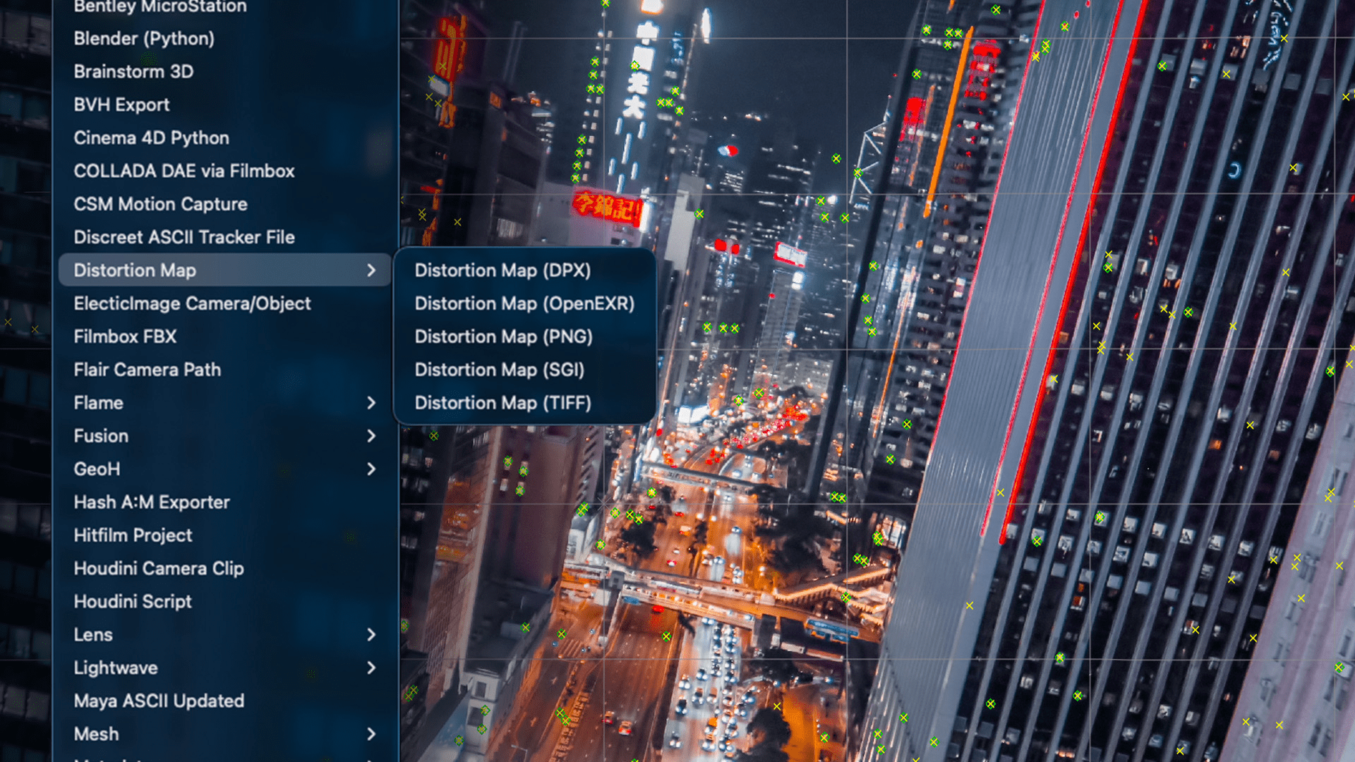 a nighttime cityscape showcasing a vibrant urban landscape filled with bright lights and tall skyscrapers an overlay menu displaying options including various distortion map formats is on the left side of the image digital production A nighttime cityscape showcasing a vibrant urban landscape filled with bright lights and tall skyscrapers. An overlay menu displaying options, including various distortion map formats, is on the left side of the image.