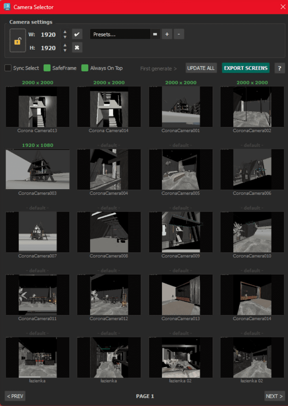 a computer application interface displaying a grid of images with various camera settings the interface includes options for resolution and buttons for exporting screens labeled with filenames like coronacamera001 and a red header digital production A computer application interface displaying a grid of images with various camera settings. The interface includes options for resolution and buttons for exporting screens, labeled with filenames like CoronaCamera001, and a red header.