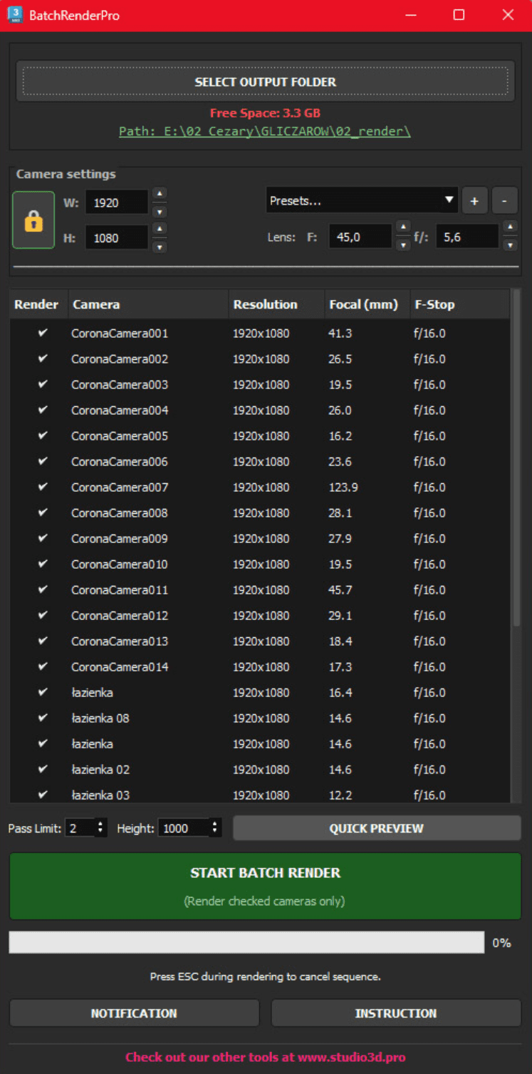 screenshot of a software interface for batchrenderpro displaying settings for rendering 3d images includes options for camera settings like resolution focal length and fstop with a visual list of render items and a green start batch render button digital production Screenshot of a software interface for BatchRenderPro, displaying settings for rendering 3D images. Includes options for camera settings like resolution, focal length, and F-stop, with a visual list of render items and a green 'START BATCH RENDER' button.