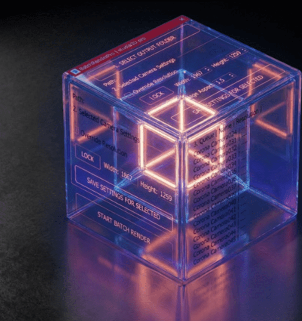 a translucent illuminated 3d cube displaying various settings related to rendering outputs the cube is layered with glowing interface elements including options for width height and a selection menu against a dark background digital production A translucent, illuminated 3D cube displaying various settings related to rendering outputs. The cube is layered with glowing interface elements, including options for width, height, and a selection menu, against a dark background.