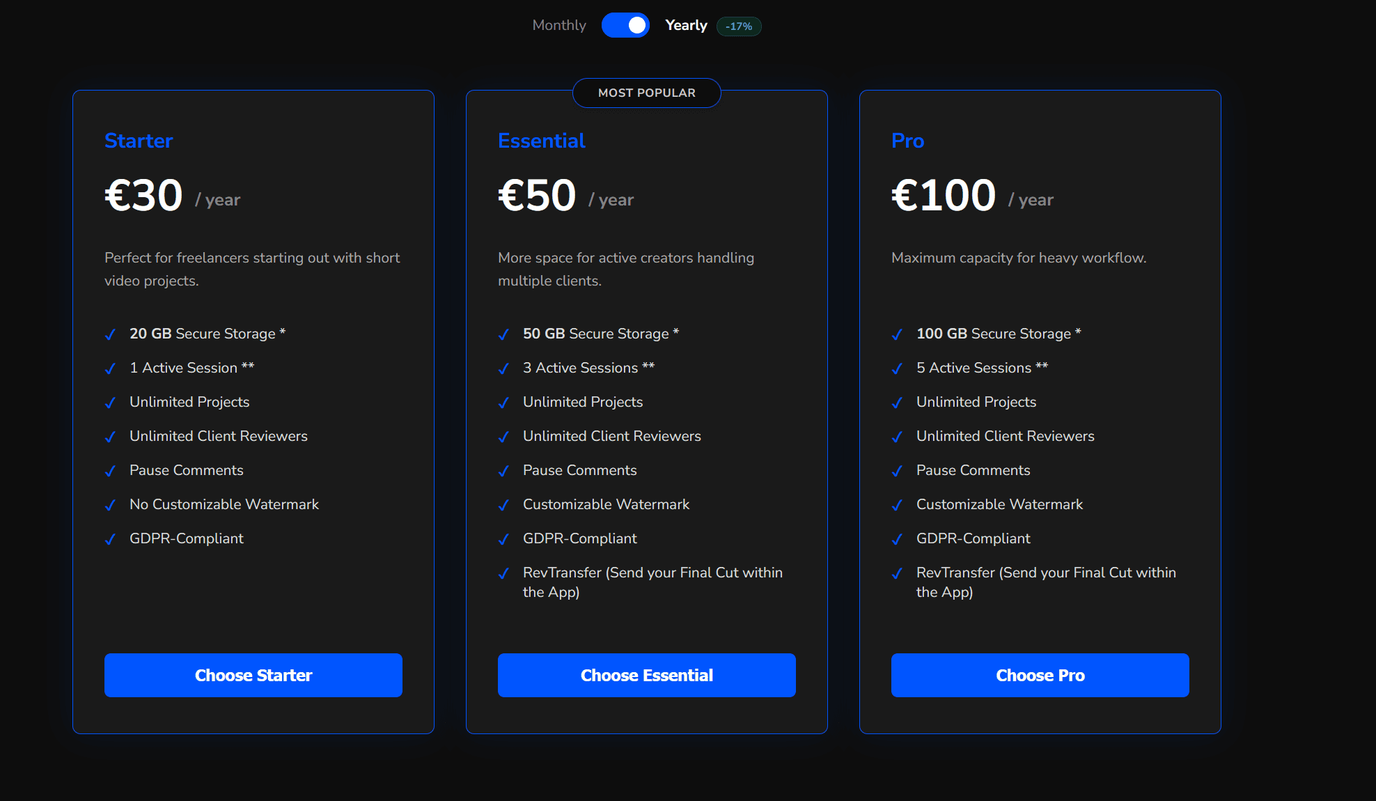 comparison of three annual subscription plans starter €30 essential €50 and pro €100 features include secure storage active sessions client reviewers and gdpr compliance with increasing limits and additional options for each plan digital production Comparison of three annual subscription plans: Starter (€30), Essential (€50), and Pro (€100). Features include secure storage, active sessions, client reviewers, and GDPR compliance, with increasing limits and additional options for each plan.