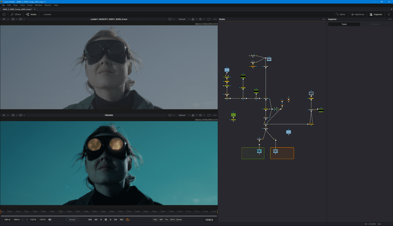 a splitscreen image featuring a woman wearing goggles displayed in a video editing software interface the top screen shows her with a neutral background while the bottom screen presents her in a more dramatic lighting with an aquatic color palette digital production A split-screen image featuring a woman wearing goggles, displayed in a video editing software interface. The top screen shows her with a neutral background, while the bottom screen presents her in a more dramatic lighting with an aquatic color palette.