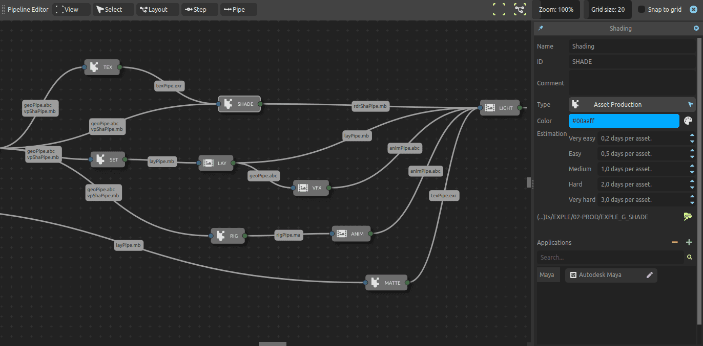 a screenshot of a software interface showing a pipeline editor various nodes labeled with text are connected by lines illustrating a shading workflow on the right a panel displays settings including color estimation values and application options for asset production digital production A screenshot of a software interface showing a pipeline editor. Various nodes labeled with text are connected by lines, illustrating a shading workflow. On the right, a panel displays settings including color, estimation values, and application options for 'Asset Production'.