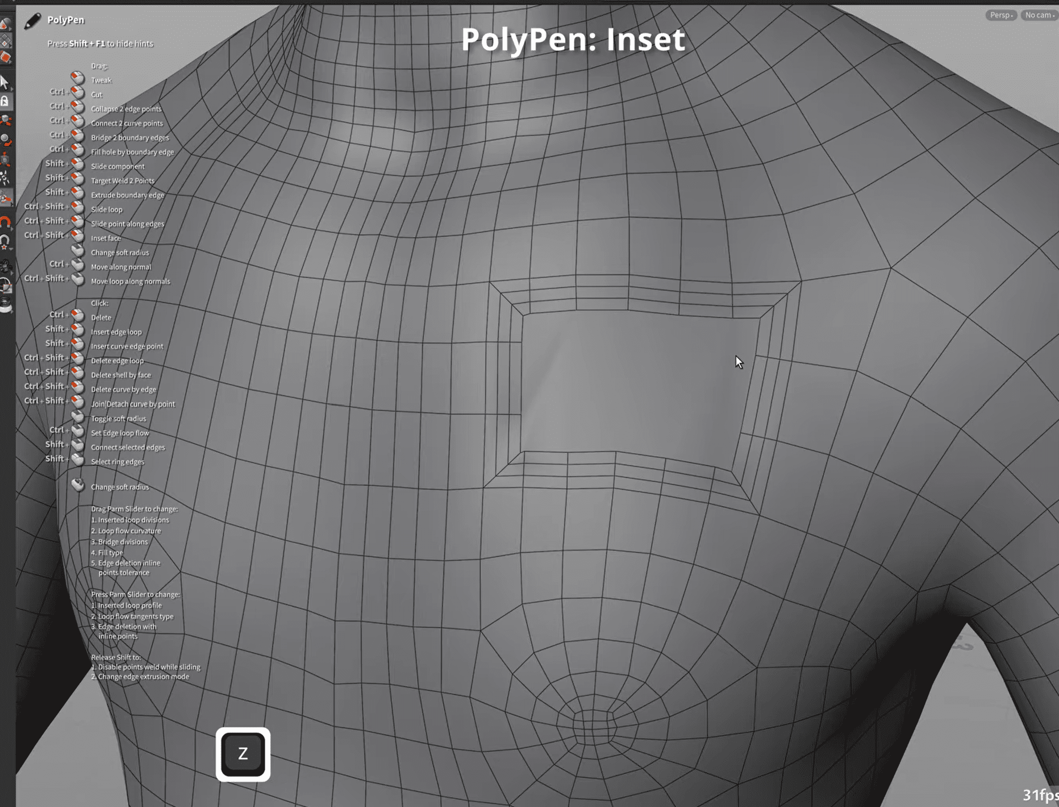 a closeup view of a 3d wireframe model of a human torso with a rectangular inset on the chest area to the left there is a toolbar with various options while the background shows a dark gray color the image focuses on the geometric mesh structure digital production A close-up view of a 3D wireframe model of a human torso with a rectangular inset on the chest area. To the left, there is a toolbar with various options, while the background shows a dark gray color. The image focuses on the geometric mesh structure.