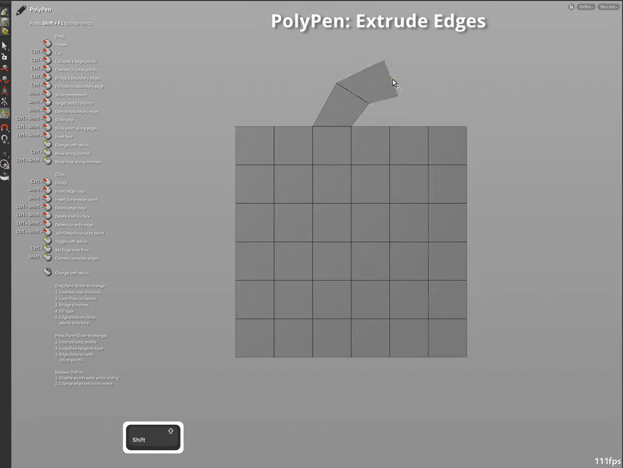 a gray grid interface displaying a 3d modeling tool titled polypen extrude edges an extruded edge is being manipulated in the center while a vertical toolbar with various tool options is visible along the left side digital production A gray grid interface displaying a 3D modeling tool titled 'PolyPen: Extrude Edges.' An extruded edge is being manipulated in the center, while a vertical toolbar with various tool options is visible along the left side.