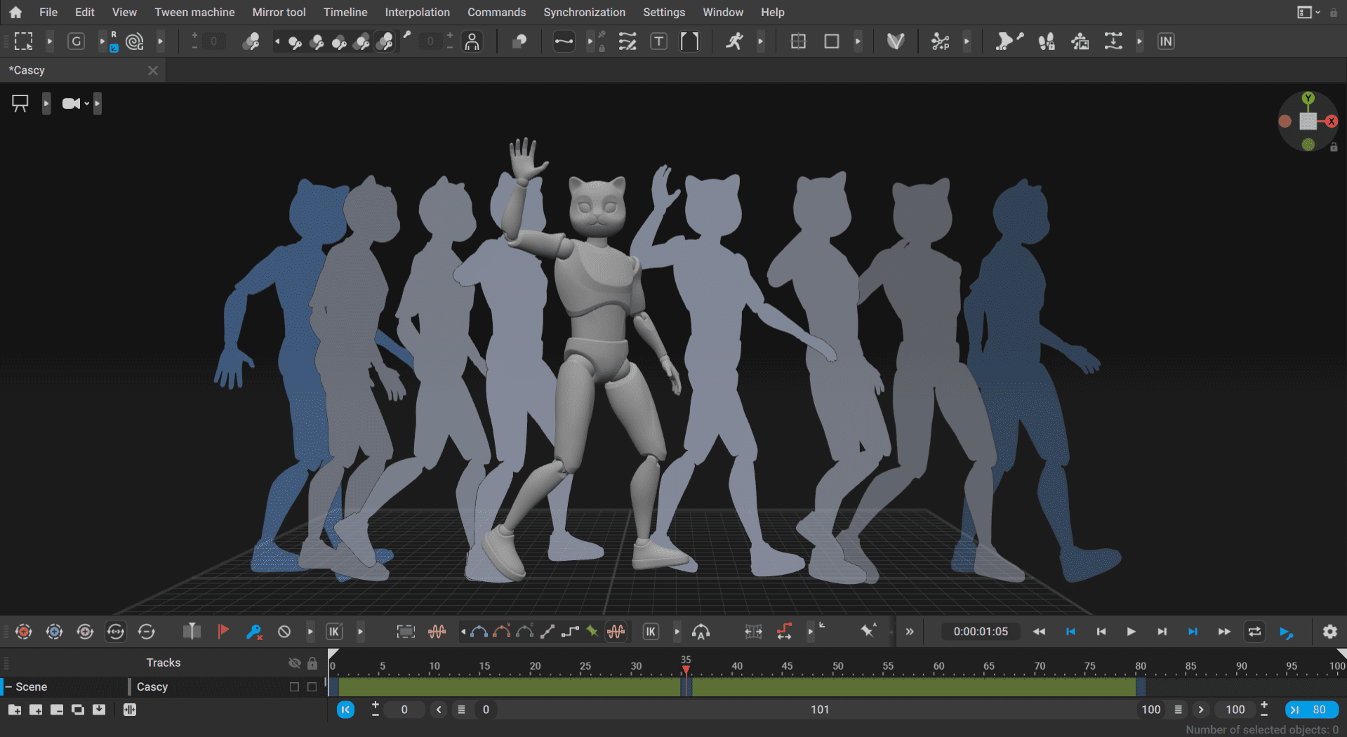 a digital animation workspace showcasing a variety of stylized character models in motion one central character with an animal head is performing a dance pose surrounded by outlines of other characters in different poses the background is dark highlighting the animation timeline and editing tools at the bottom digital production A digital animation workspace showcasing a variety of stylized character models in motion. One central character with an animal head is performing a dance pose, surrounded by outlines of other characters in different poses. The background is dark, highlighting the animation timeline and editing tools at the bottom.