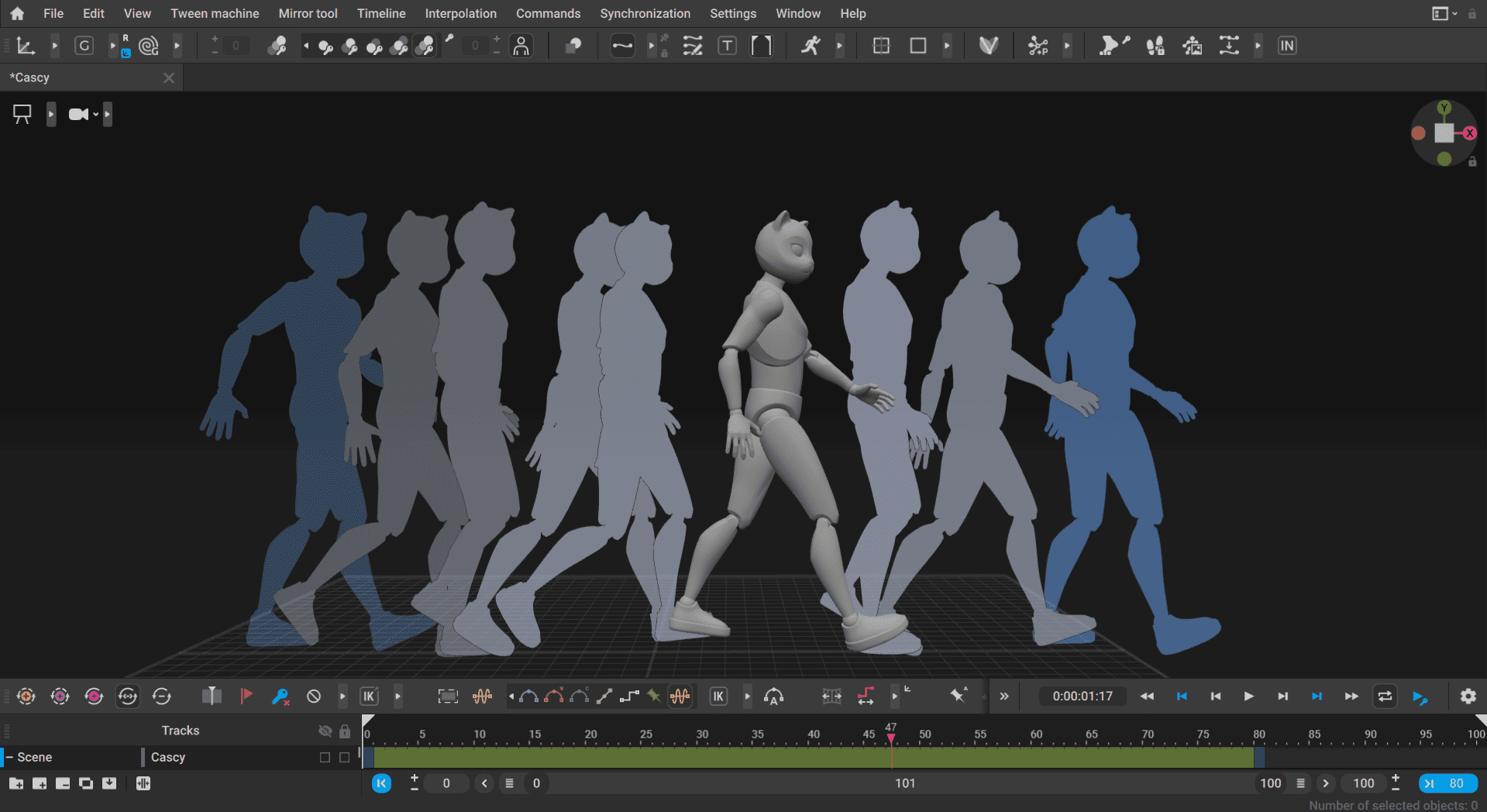 a digital animation workspace displaying a series of character models in different walking poses a central character is in full color while adjacent figures are in various shades of gray illustrating motion the interface shows tools and timelines digital production A digital animation workspace displaying a series of character models in different walking poses. A central character is in full color, while adjacent figures are in various shades of gray, illustrating motion. The interface shows tools and timelines.