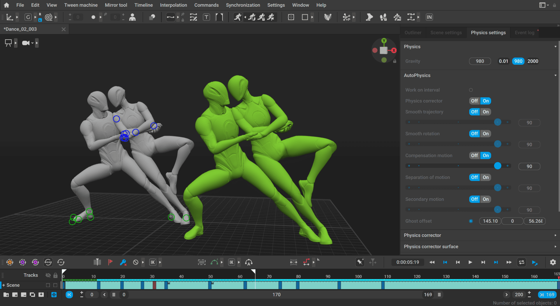 a 3d animation software interface displaying two humanoid figures in dynamic poses one figure is in green showcasing the physics settings while the other is in gray indicating a different stage tools and settings are visible in the right panel digital production A 3D animation software interface displaying two humanoid figures in dynamic poses. One figure is in green, showcasing the physics settings, while the other is in gray, indicating a different stage. Tools and settings are visible in the right panel.