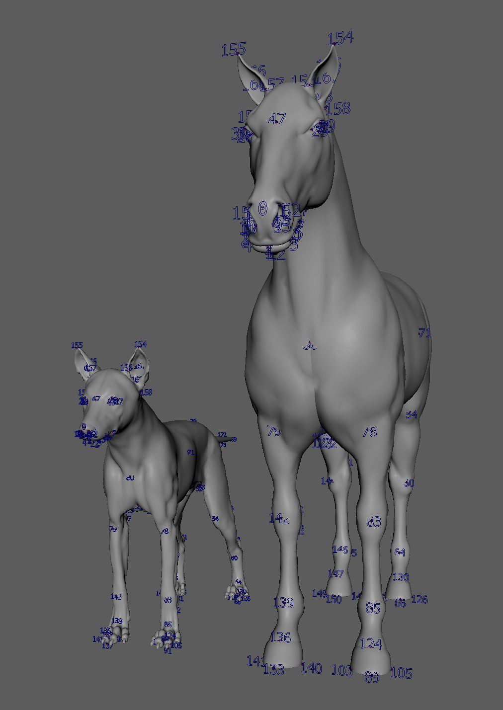 a 3d model representation of a dog and a horse in a neutral gray color the shapes are outlined with numbered markers indicating anatomical points for modeling purposes the dog is smaller and stands next to the larger horse digital production https://kangaroobuilder.com/images/landmarkWarp_dogAndHorse.jpg