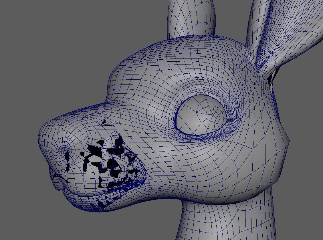 3d wireframe model of a stylized rabbit head showing a mesh structure with visible polygons and a mapped texture on the snout displayed against a gray background digital production https://kangaroobuilder.com/images/landmarkWarp_innermouthissue.jpg