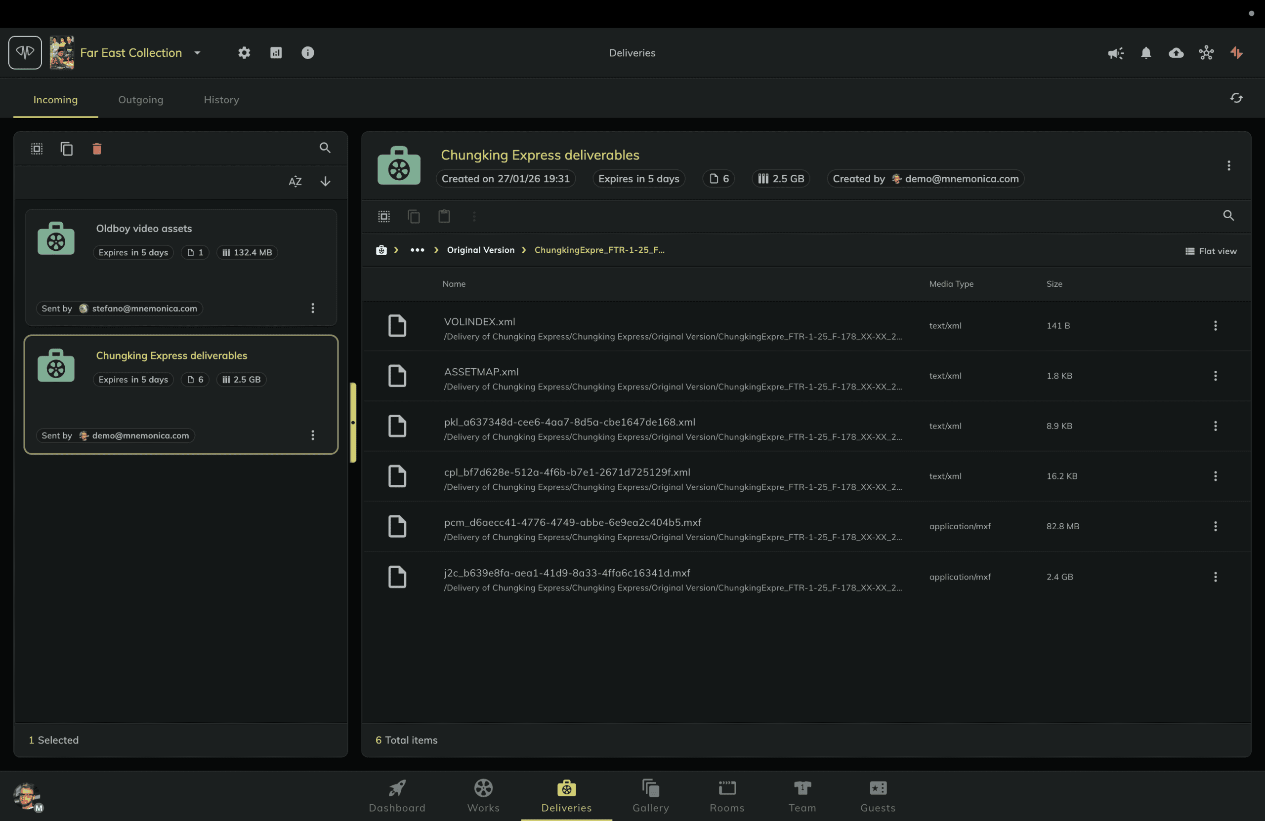 a screenshot of a digital interface showing a list of files under chunking express deliverables the layout is darkthemed with sections for incoming events and file details including file names sizes and metadata digital production A screenshot of a digital interface showing a list of files under "Chunking Express deliverables." The layout is dark-themed, with sections for incoming events and file details including file names, sizes, and metadata.