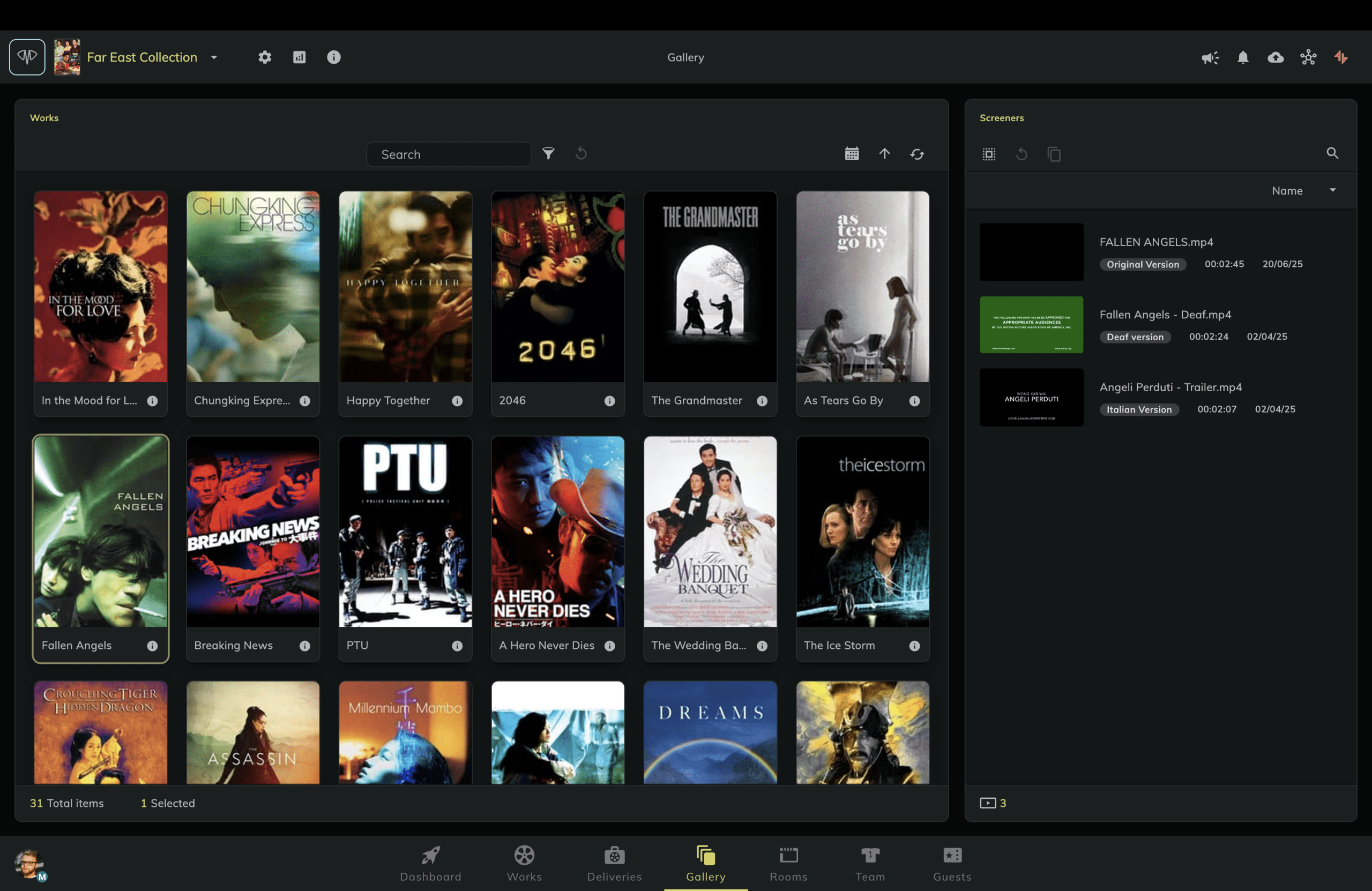 a digital media gallery interface displaying various movie posters in a grid layout the left side features titles like in the mood for love and breaking news while the right side shows file details for selected media digital production A digital media gallery interface displaying various movie posters in a grid layout. The left side features titles like 'In the Mood for Love' and 'Breaking News', while the right side shows file details for selected media.