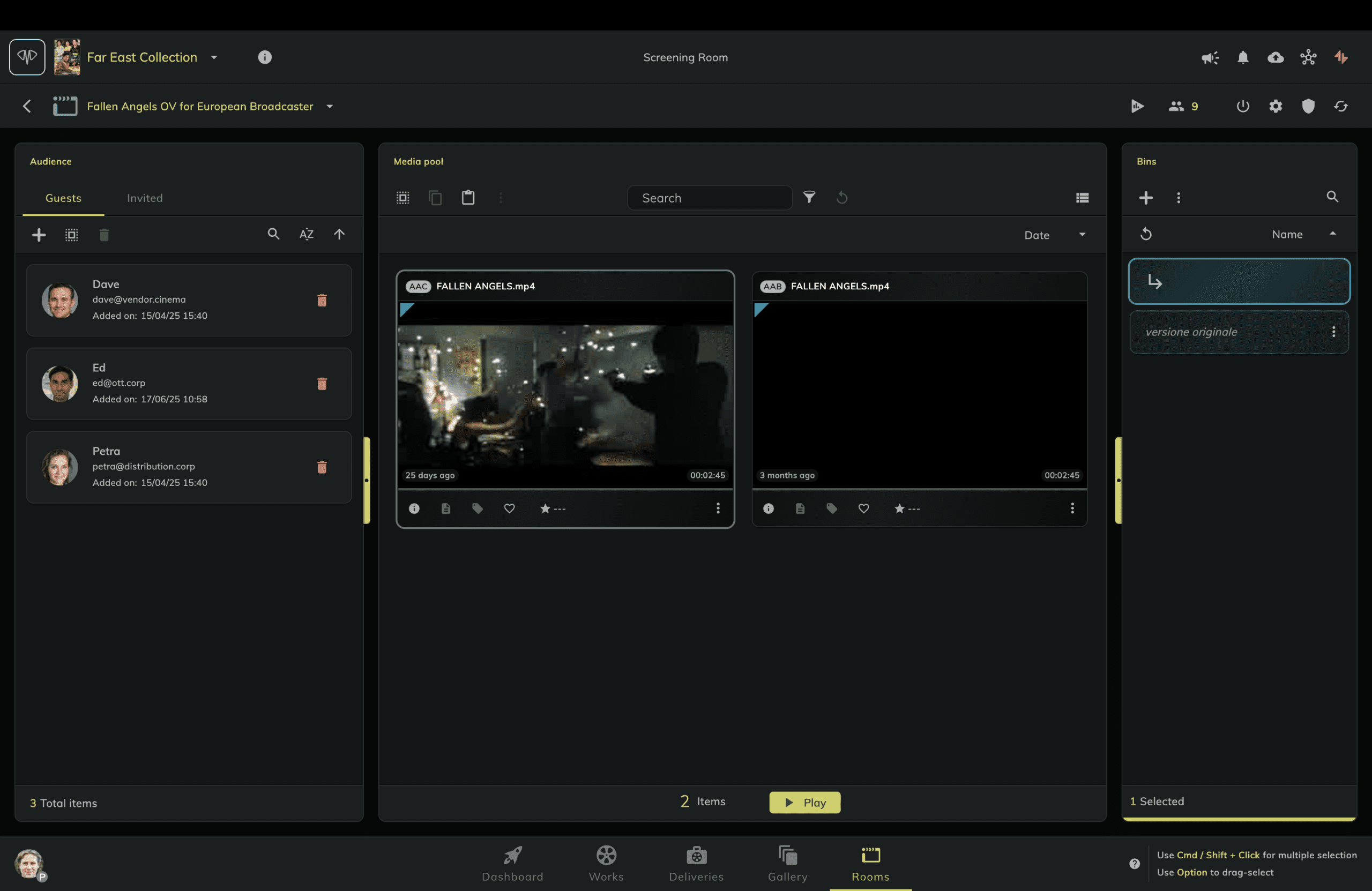 a darkthemed digital interface for a screening room displaying video thumbnails labeled fallen angels on the left user avatars and names are shown alongside interaction options the layout includes search functionality and item management features digital production A dark-themed digital interface for a screening room, displaying video thumbnails labeled 'Fallen Angels.' On the left, user avatars and names are shown, alongside interaction options. The layout includes search functionality and item management features.