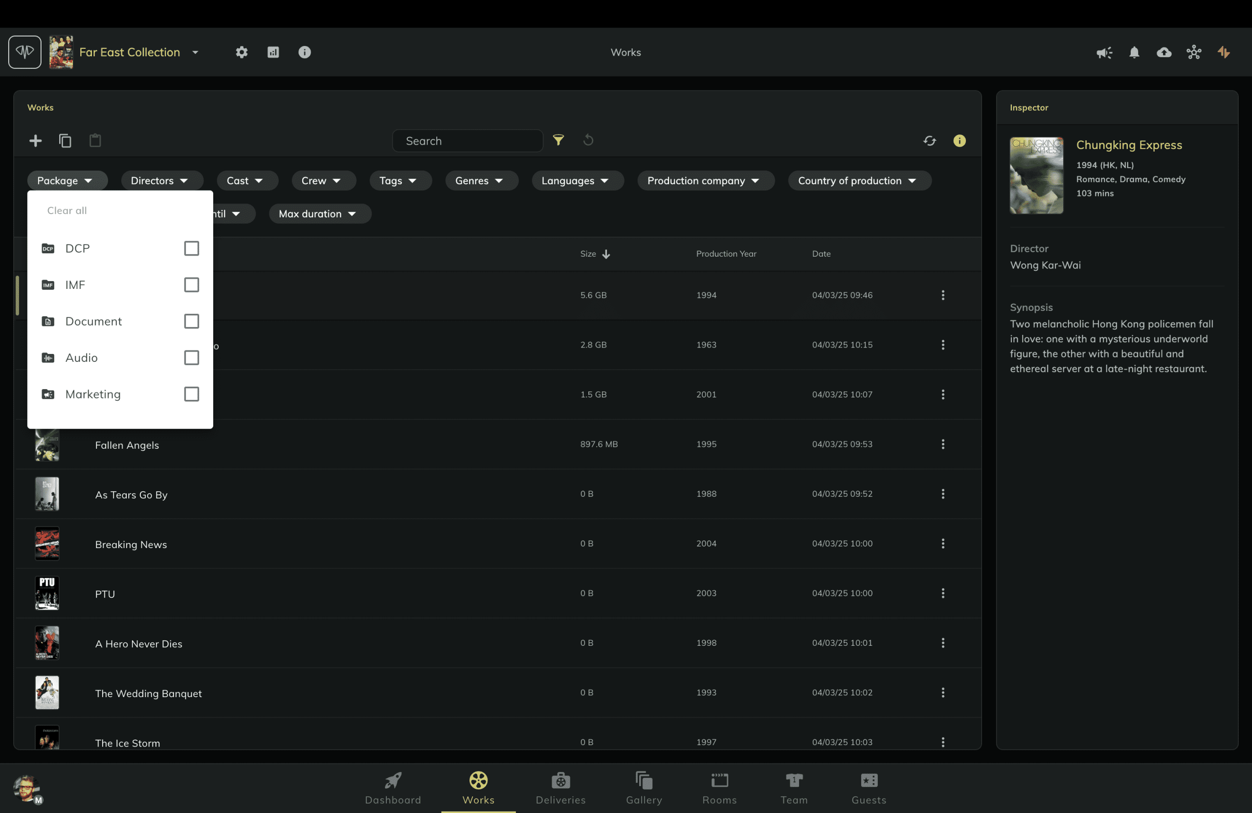 user interface screenshot of a film database featuring a list of works with checkboxes for filtering by package type such as dcp document and audio the right sidebar displays details about the film chungking express including director and synopsis digital production User interface screenshot of a film database, featuring a list of works with checkboxes for filtering by package type such as DCP, Document, and Audio. The right sidebar displays details about the film "Chungking Express," including director and synopsis.