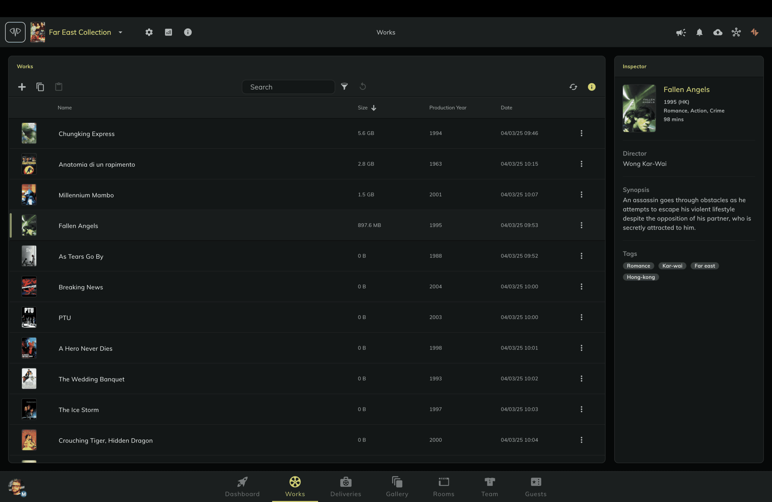 a darkthemed digital interface displaying a collection of films titles include chungking express and fallen angels a search bar is at the top with details such as production year and duration visible additional film information is shown on the right digital production A dark-themed digital interface displaying a collection of films. Titles include 'Chungking Express' and 'Fallen Angels.' A search bar is at the top, with details such as production year and duration visible. Additional film information is shown on the right.