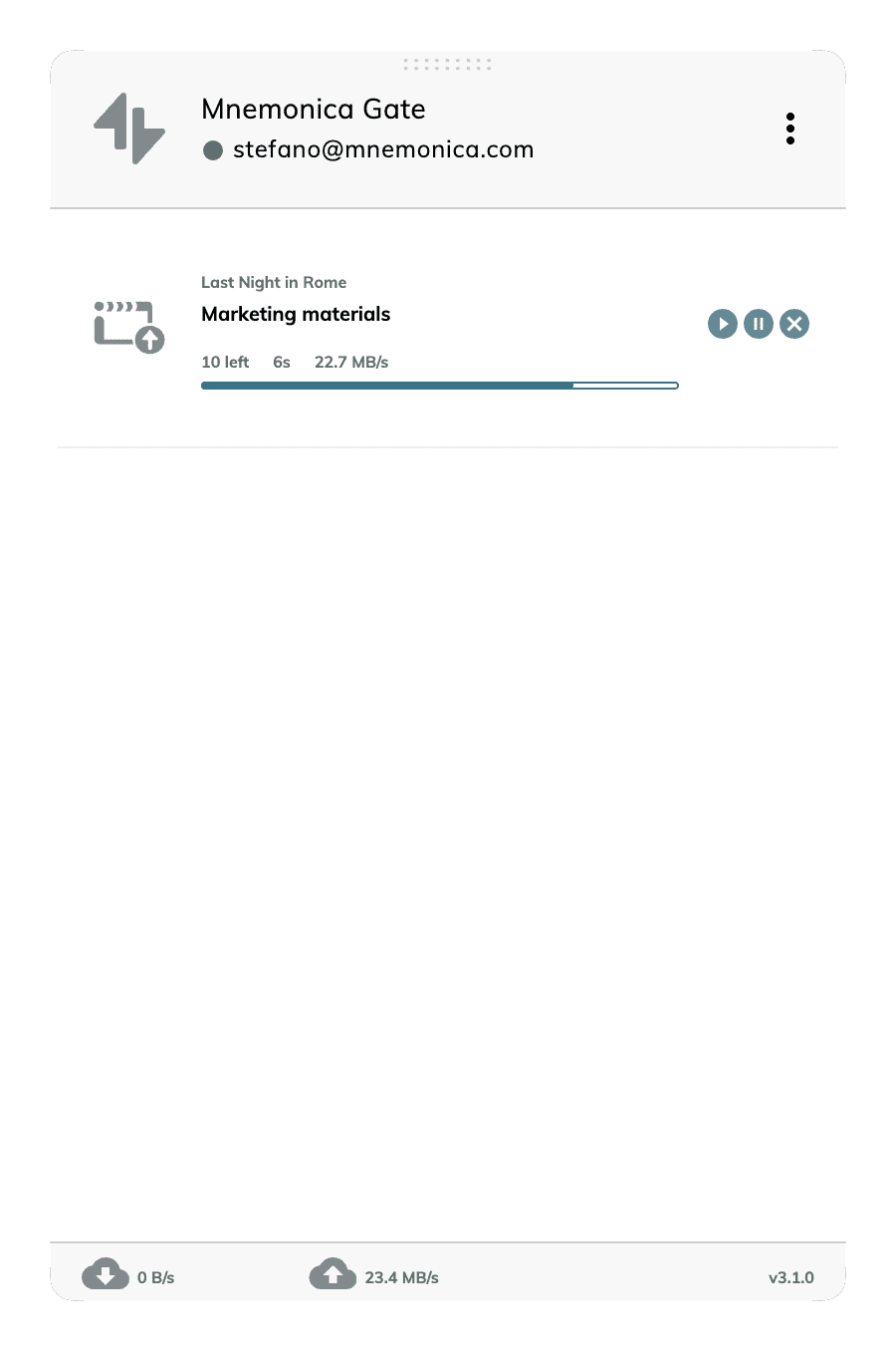 a digital interface displayed on a mobile device showing a progress bar for downloading marketing materials titled last night in rome the bar is nearly complete indicating 10 seconds left and a download speed of 227 mbs digital production A digital interface displayed on a mobile device, showing a progress bar for downloading marketing materials titled 'Last Night in Rome.' The bar is nearly complete, indicating 10 seconds left and a download speed of 22.7 MB/s.
