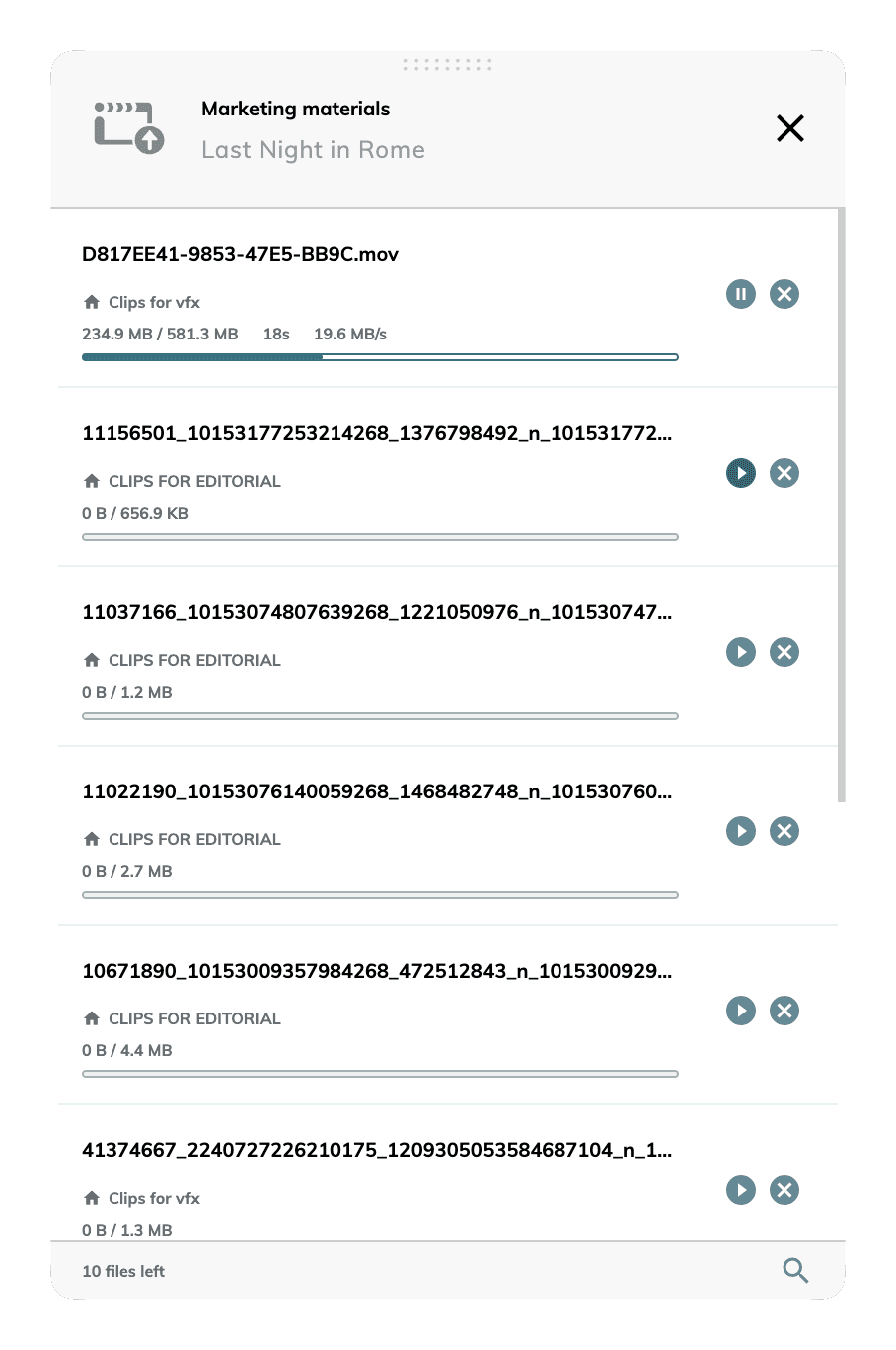 a user interface displaying a list of marketing video clips each entry shows the file name size in megabytes and a progress bar indicating download status the design includes icons for download options and a header titled marketing materials last night in rome digital production A user interface displaying a list of marketing video clips. Each entry shows the file name, size in megabytes, and a progress bar indicating download status. The design includes icons for download options and a header titled 'Marketing materials: Last Night in Rome.'