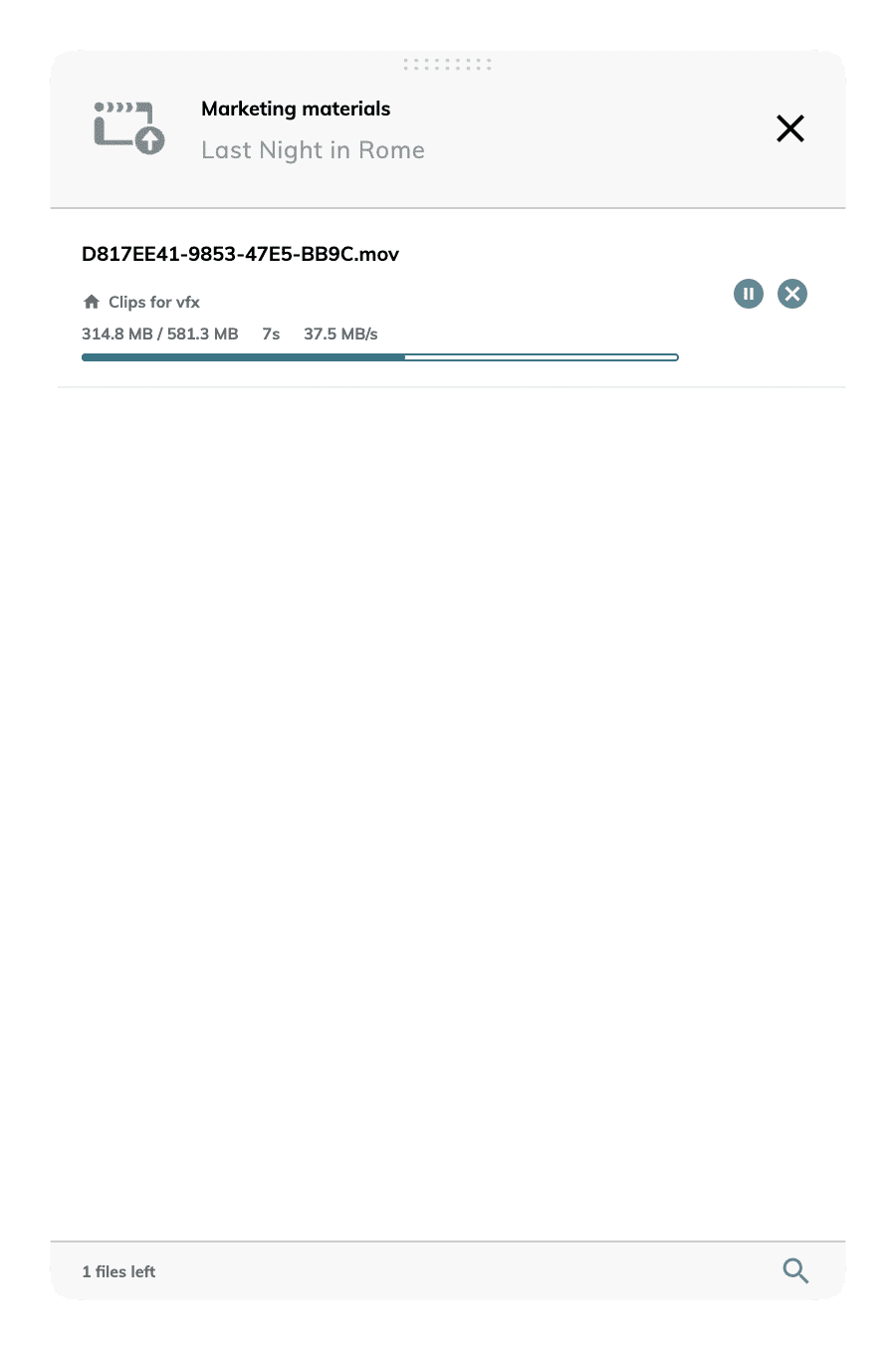 a digital file transfer interface displaying the upload progress of a video titled last night in rome the upload bar shows 7 completed out of 5813 mb with a file size of 314 mb and a transfer speed of 375 mbs digital production A digital file transfer interface displaying the upload progress of a video titled 'Last Night in Rome.' The upload bar shows 7% completed out of 581.3 MB, with a file size of 31.4 MB and a transfer speed of 37.5 MB/s.