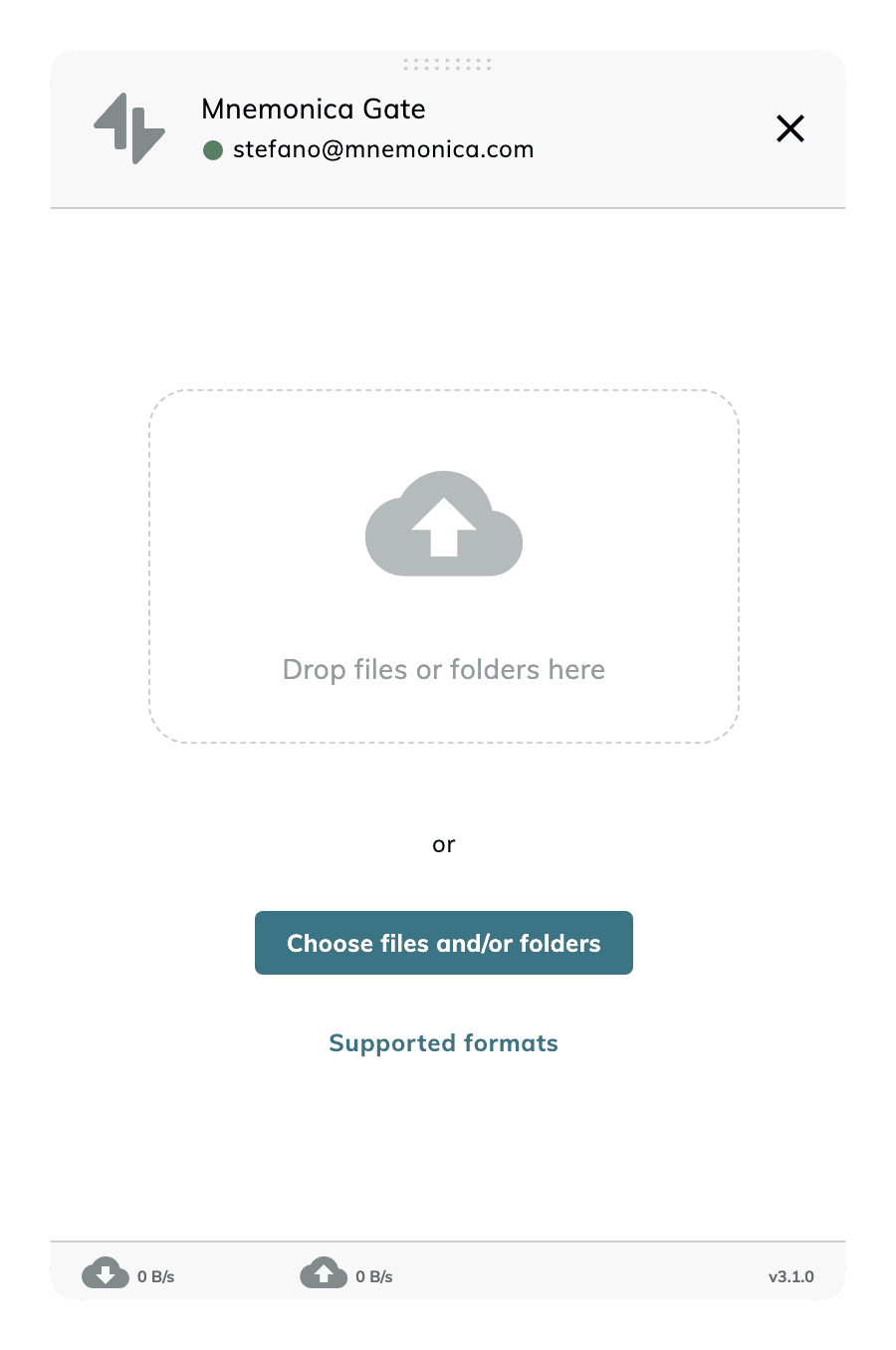 user interface for mnemonica gate displaying options to drop files or folders for upload a button labeled choose files andor folders is visible alongside a cloud icon in a minimalistic design digital production User interface for Mnemonica Gate displaying options to drop files or folders for upload. A button labeled 'Choose files and/or folders' is visible, alongside a cloud icon, in a minimalistic design.