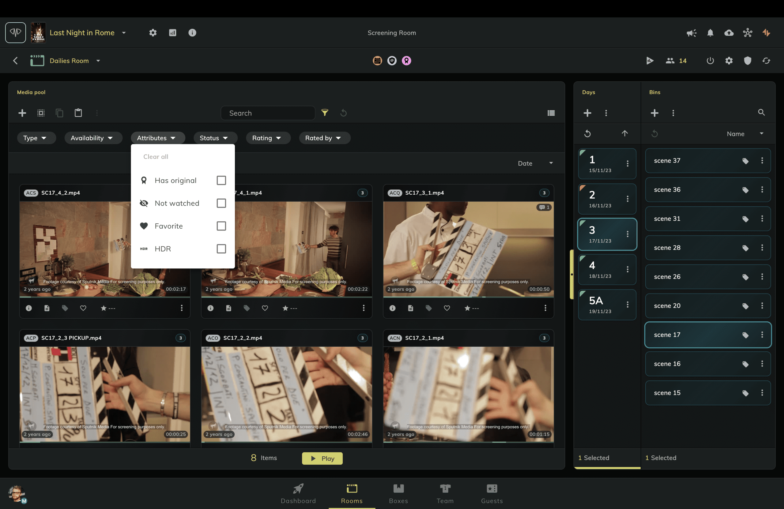 a digital interface showing a media management platform titled lost night in rome the layout features thumbnail images of video clips checkboxes for filtering options and a sidebar listing scene numbers digital production A digital interface showing a media management platform titled 'Lost Night in Rome.' The layout features thumbnail images of video clips, checkboxes for filtering options, and a sidebar listing scene numbers.