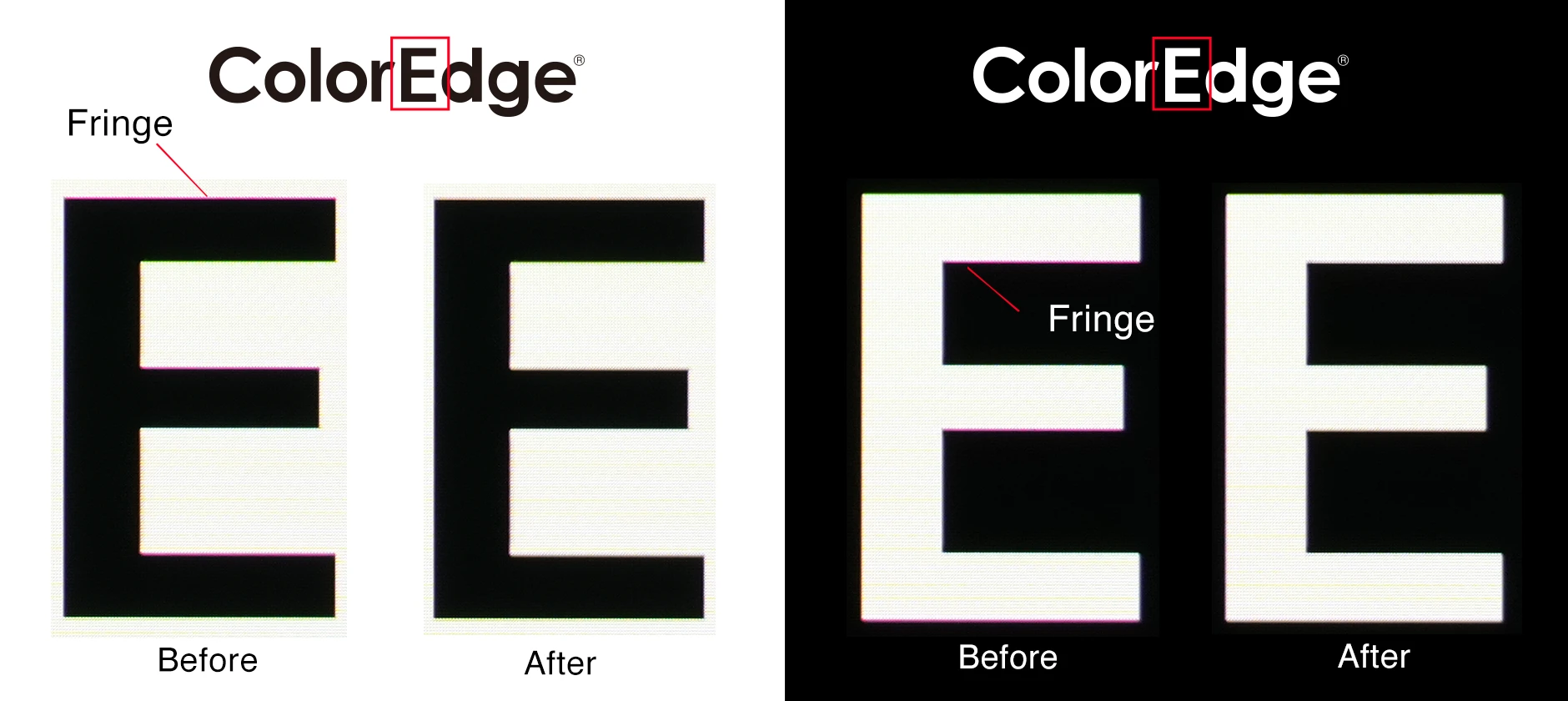 a comparison image showing the letters ee in black and white on the left the text labeled before has a noticeable fringe effect while the right side labeled after demonstrates reduced fringing both featuring the coloredge logo digital production A comparison image showing the letters "EE" in black and white. On the left, the text labeled "Before" has a noticeable fringe effect, while the right side labeled "After" demonstrates reduced fringing, both featuring the ColorEdge logo.
