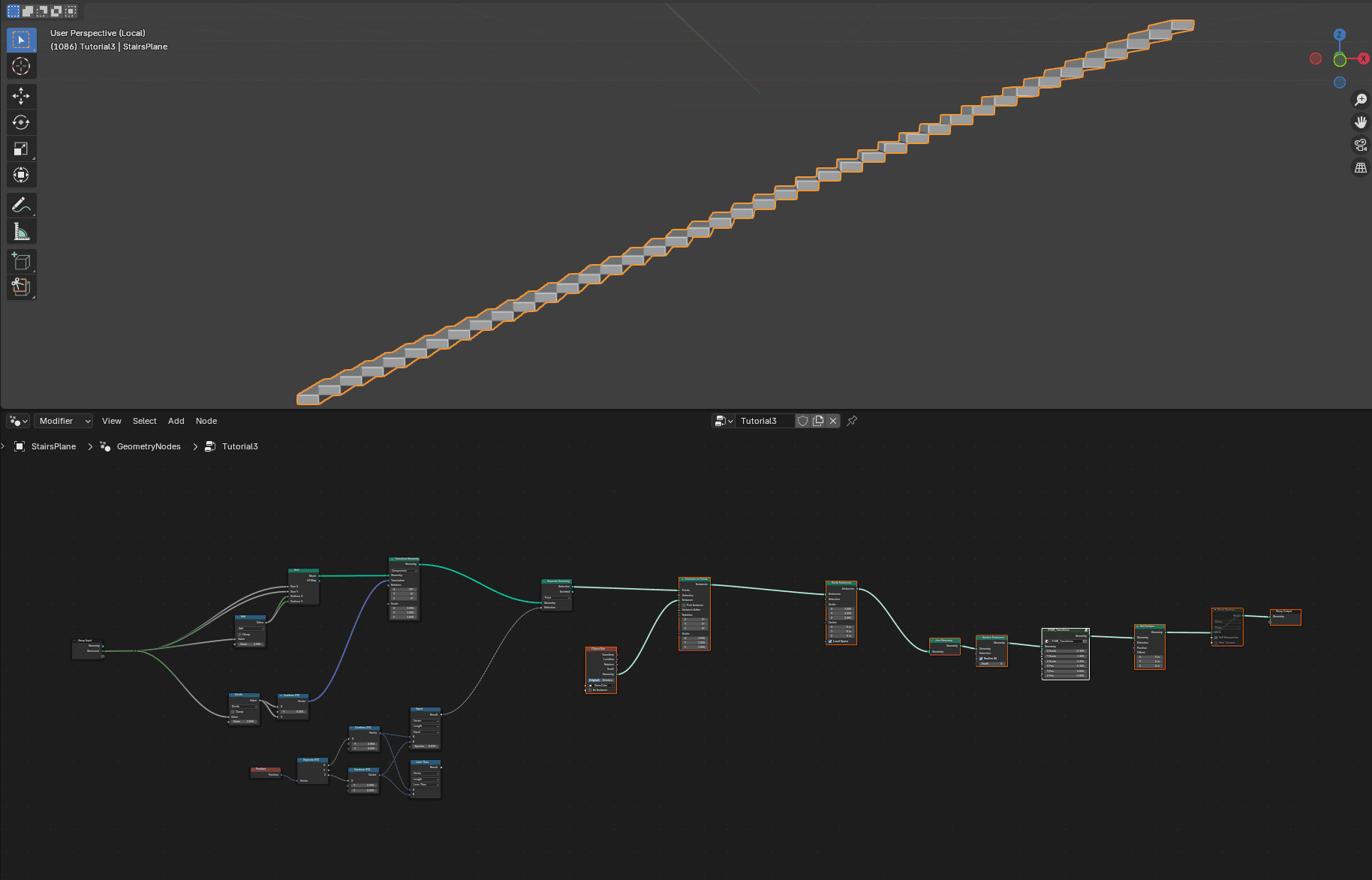 an interface from a 3d modeling software showing a long textured object at the top and a complex node setup at the bottom the nodes are connected with colorful lines representing various parameters and functions digital production An interface from a 3D modeling software showing a long, textured object at the top and a complex node setup at the bottom. The nodes are connected with colorful lines, representing various parameters and functions.